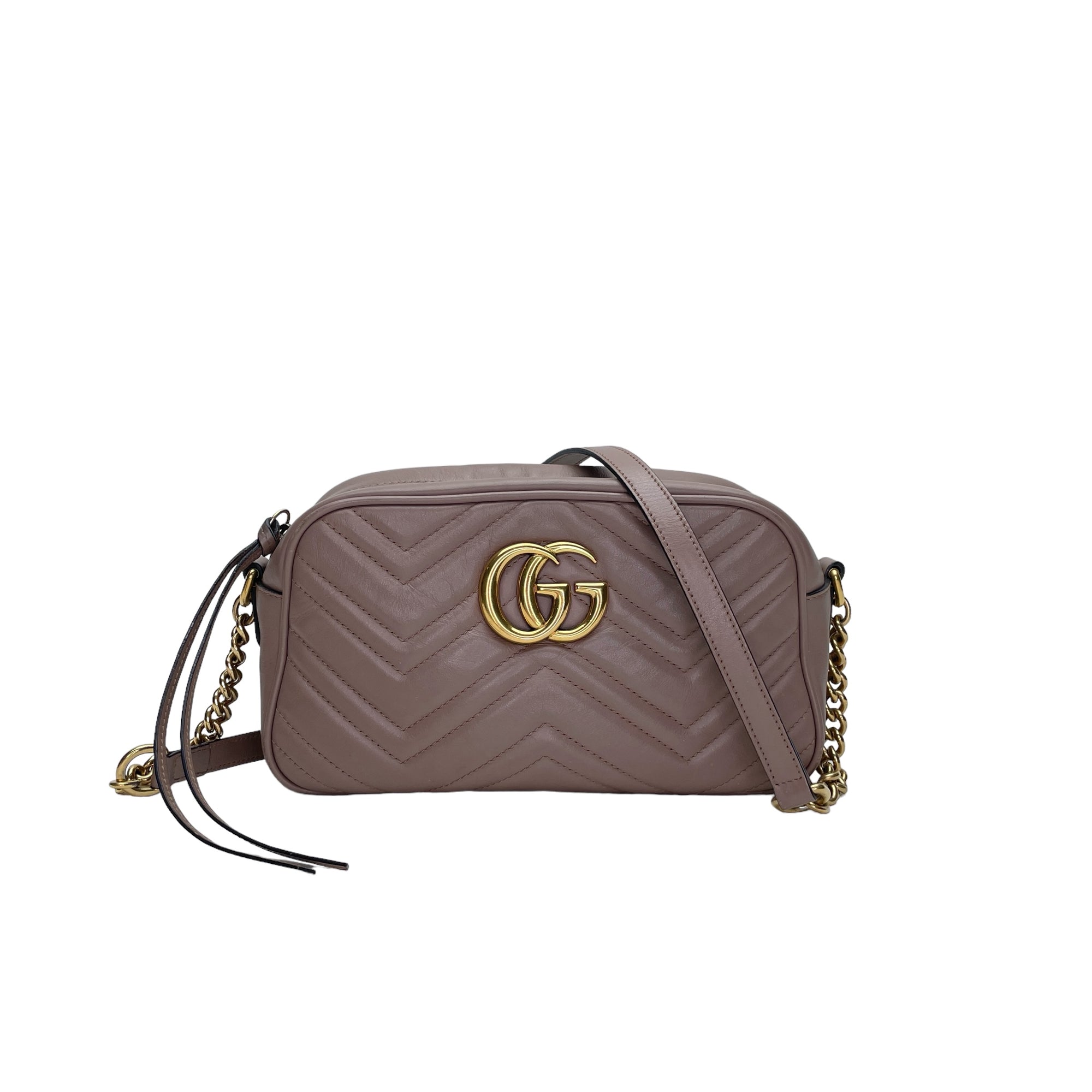 GG Marmont Small Pink Crossbody Bag in Calfskin, Gold hardware