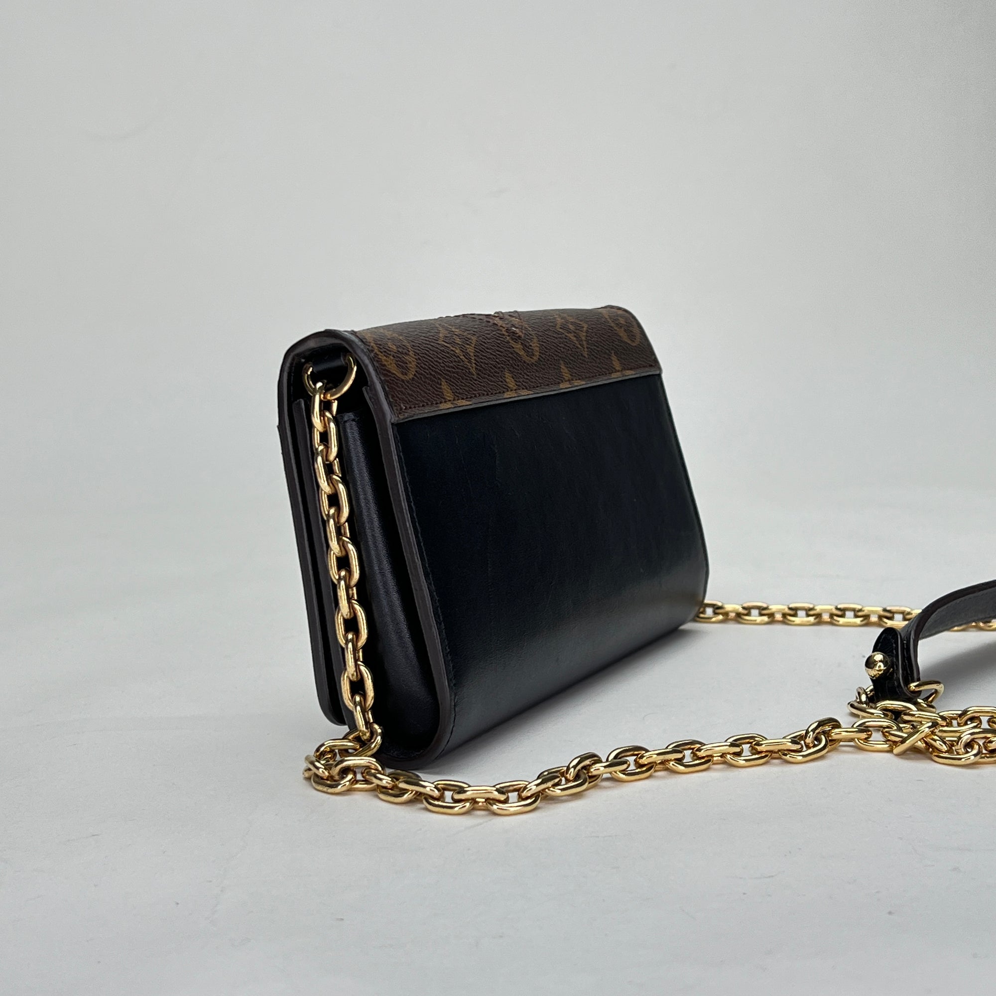 Twist Satin Brown Wallet on Chain in Monogram Coated Canvas, Gold hardware