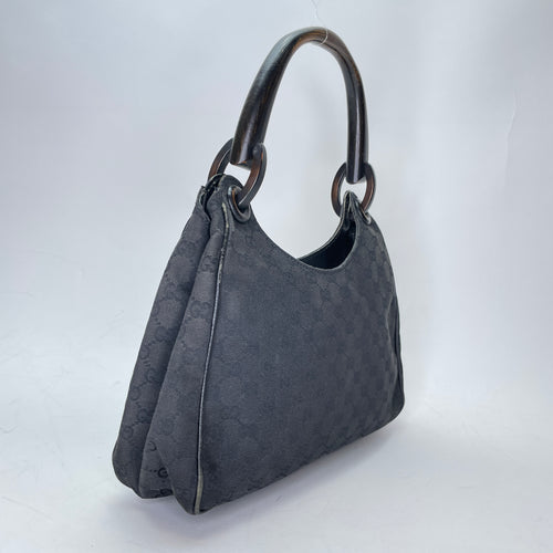 GG Bamboo Black Top Handle Bag in Canvas, Gunmetal hardware