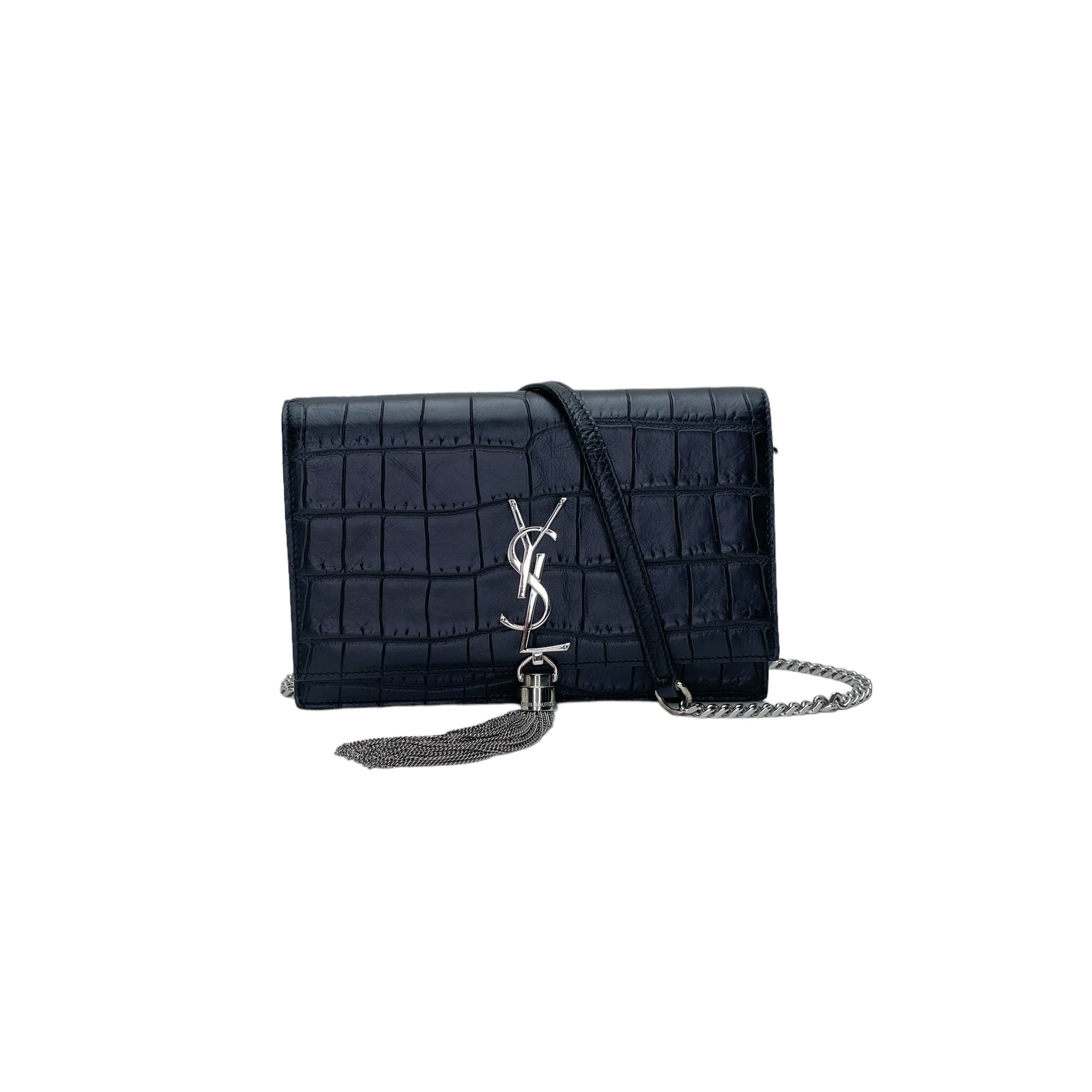 Kate Tassel Small Black Wallet on Chain in Crocodile Embossed Calfskin, Silver hardware