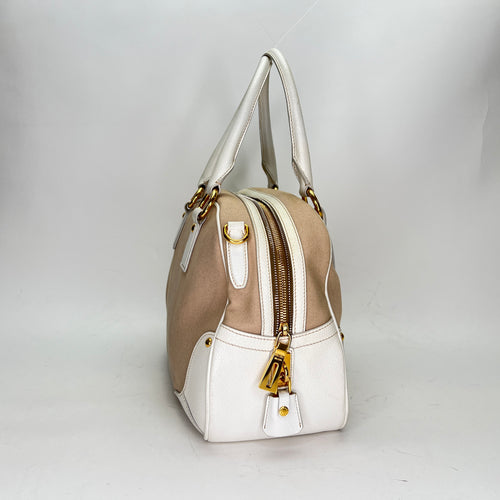 Plaque Logo Beige Top Handle Bag in Canvas, Gold hardware