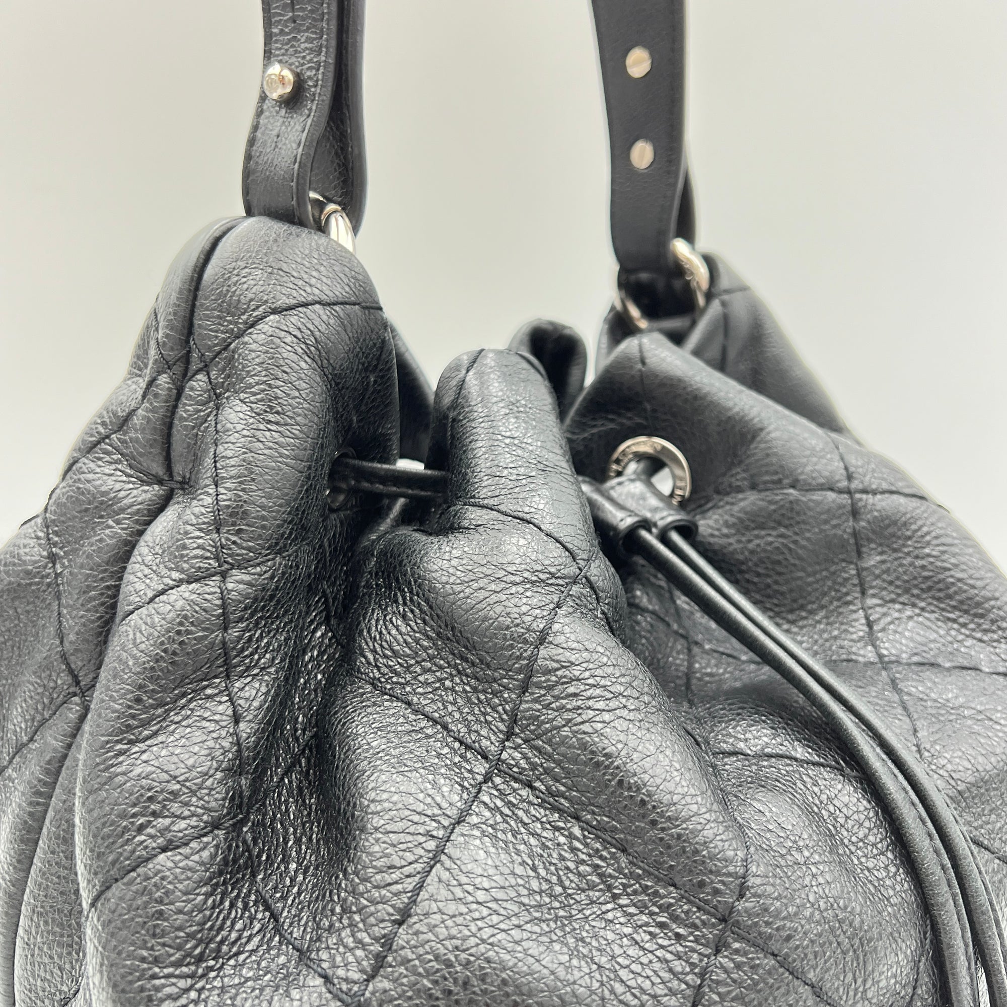 Quilted Drawstring Black Bucket Bag in Calfskin, Silver hardware