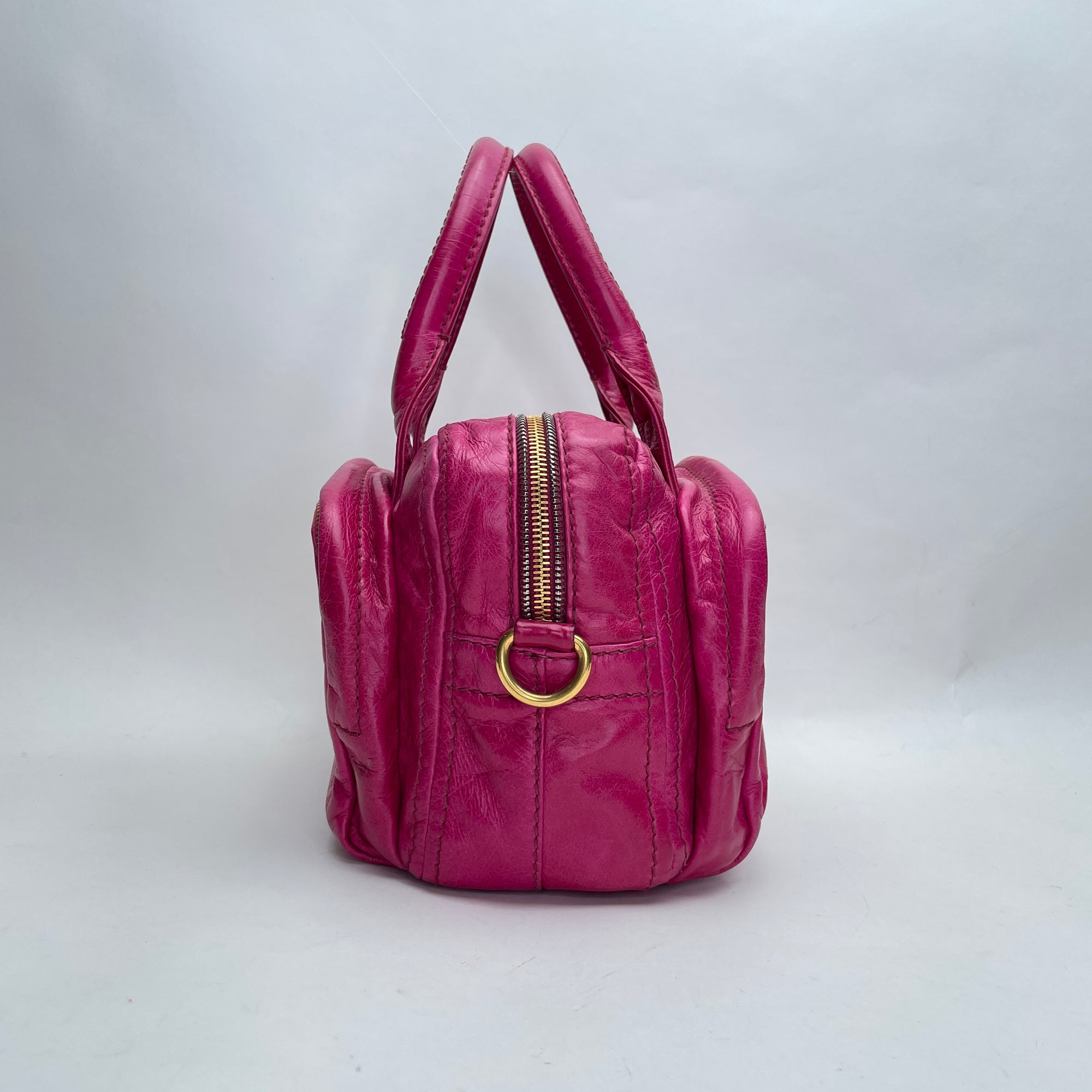 Vitello Shine Pink Top Handle Bag in Calfskin, Gold hardware