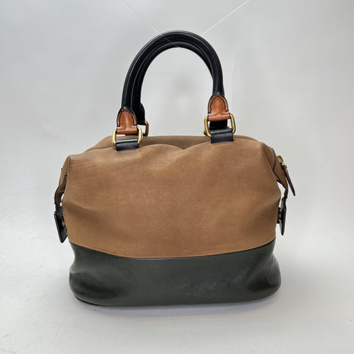 Racer Stripe Boston Brown Top Handle Bag in Calfskin, Gold hardware