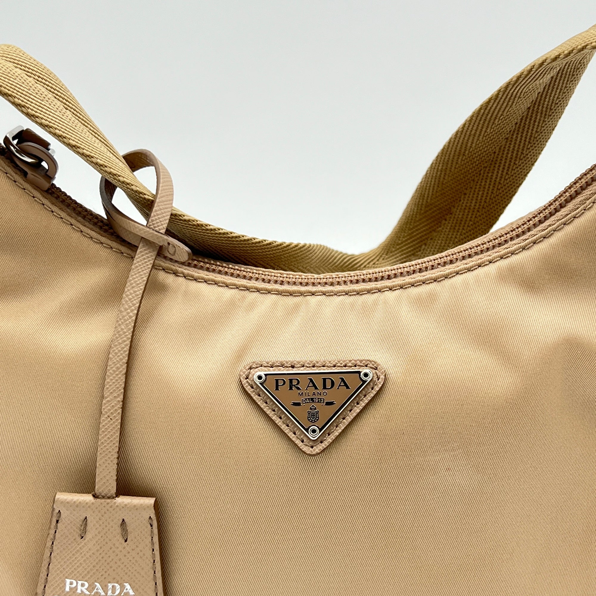 Re-Edition 2000 Beige Shoulder Bag in Re-Nylon, Silver hardware