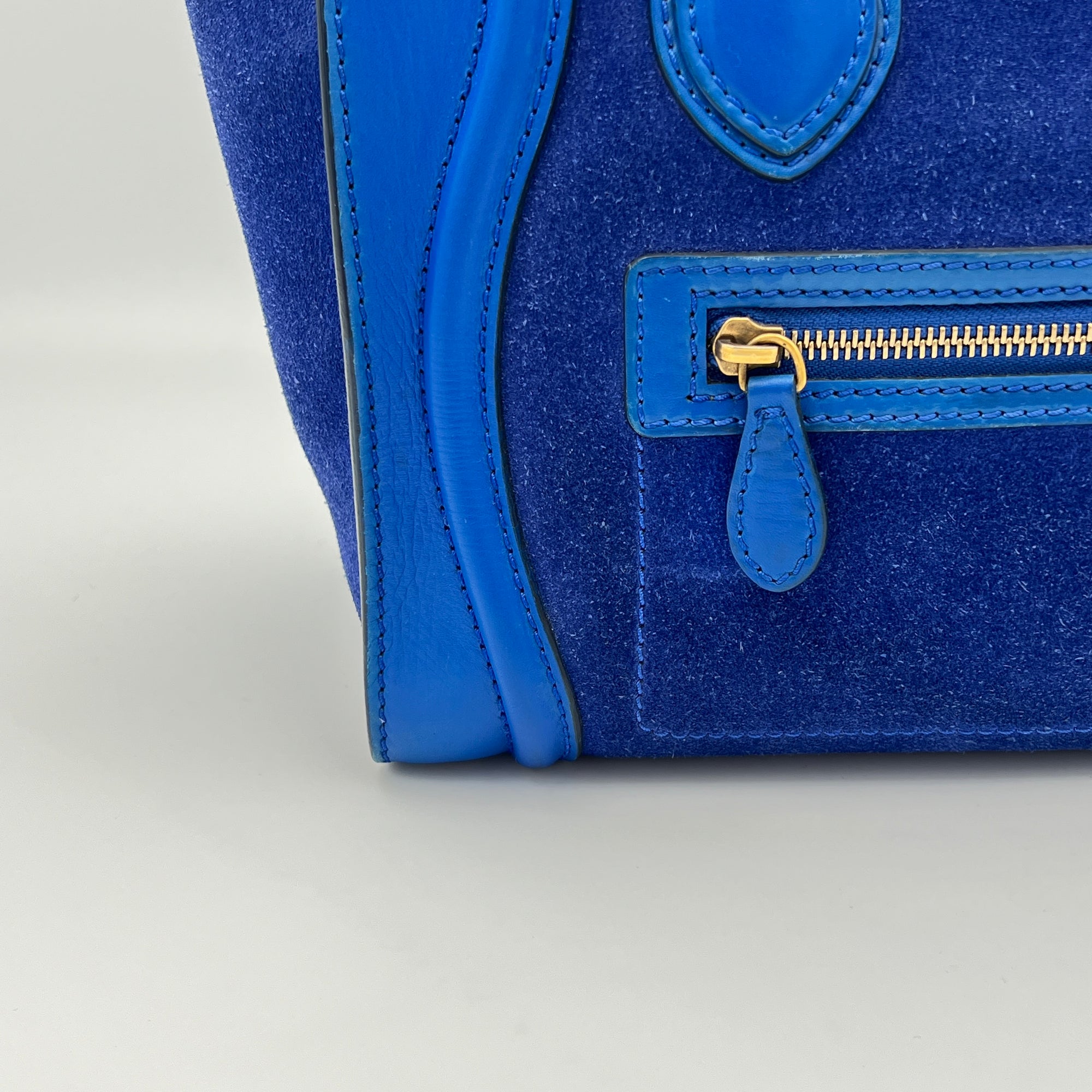 Luggage Micro Blue Top Handle Bag in Suede Leather, Gold hardware