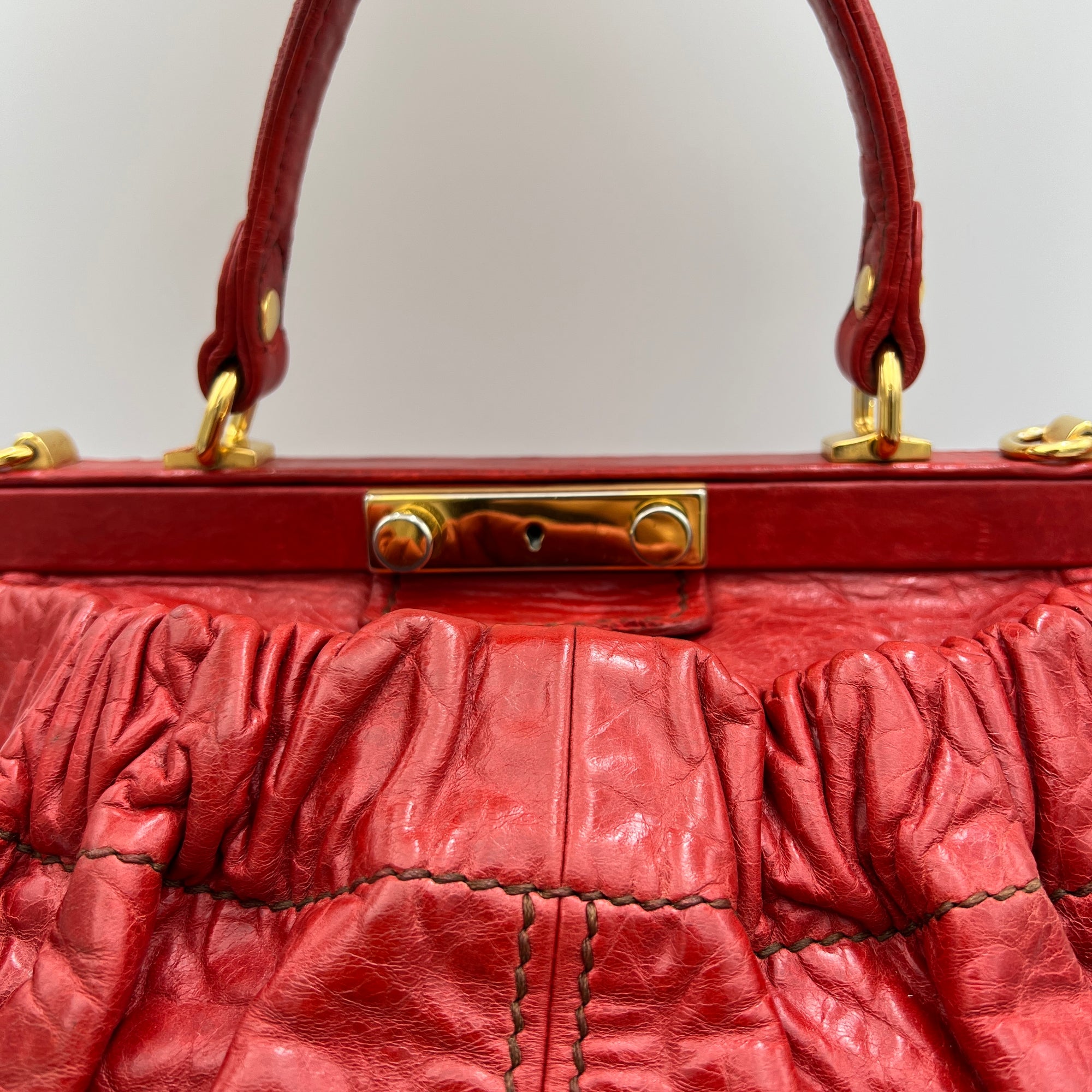 Vitello Lux Frame Red Top Handle Bag in Distressed Leather, Gold hardware