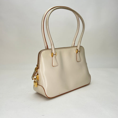 Zip Around Cream Top Handle Bag in Calfskin, Gold hardware