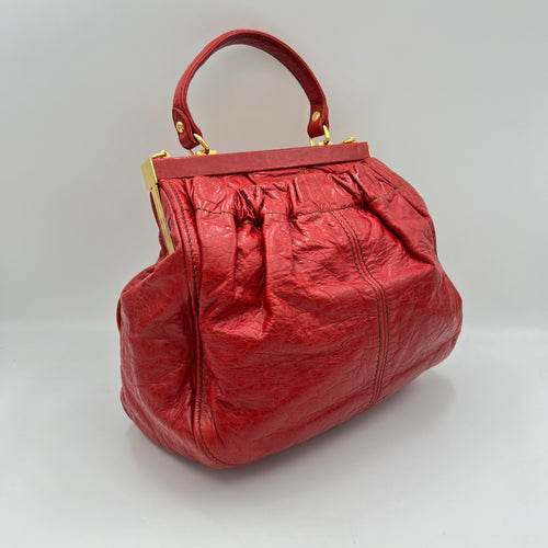 Vitello Lux Frame Red Top Handle Bag in Distressed Leather, Gold hardware