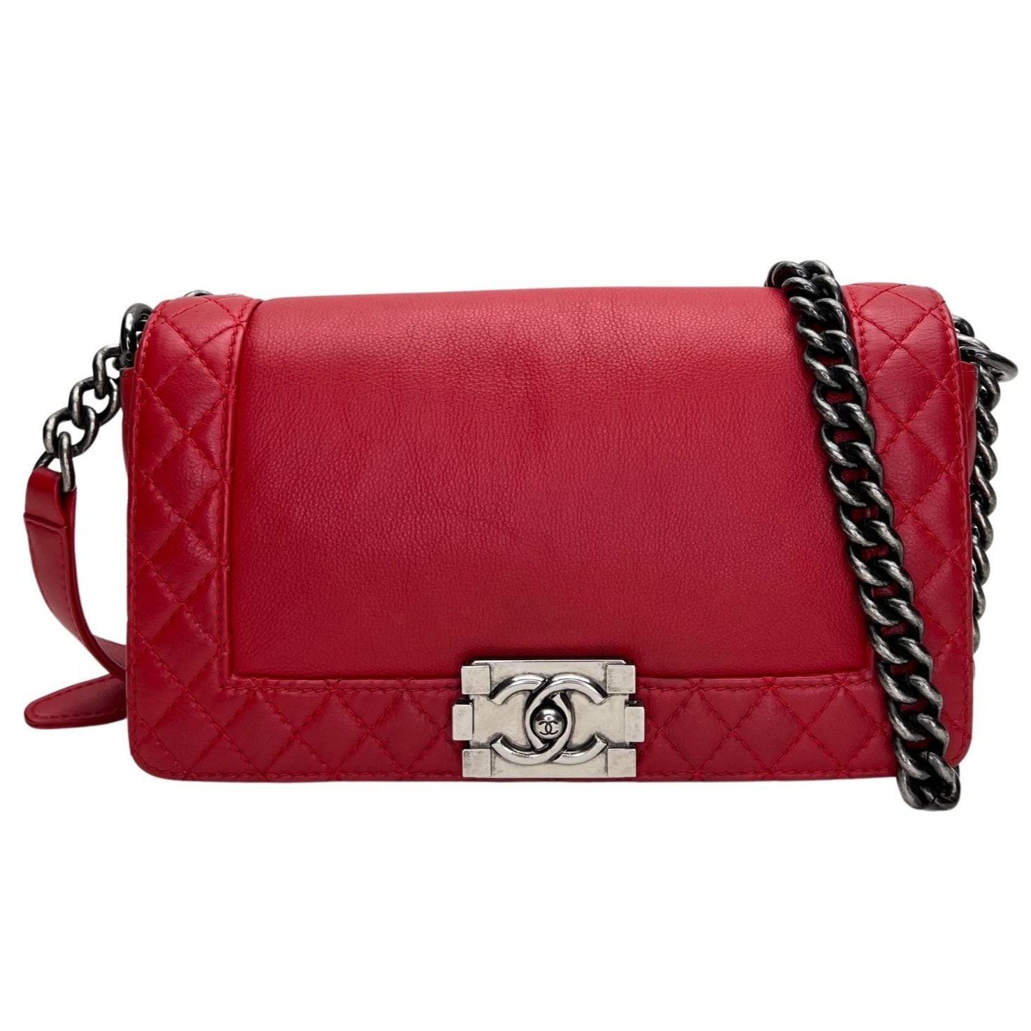 Boy Old Medium Red Shoulder Bag in Calfskin, Ruthenium hardware