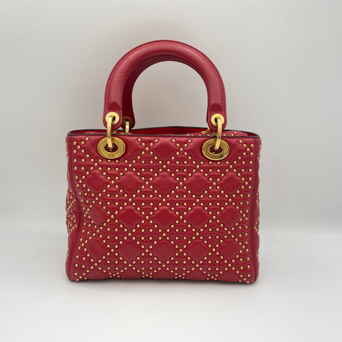 Lady Dior Medium Red Top Handle Bag in Lambskin, Gold hardware