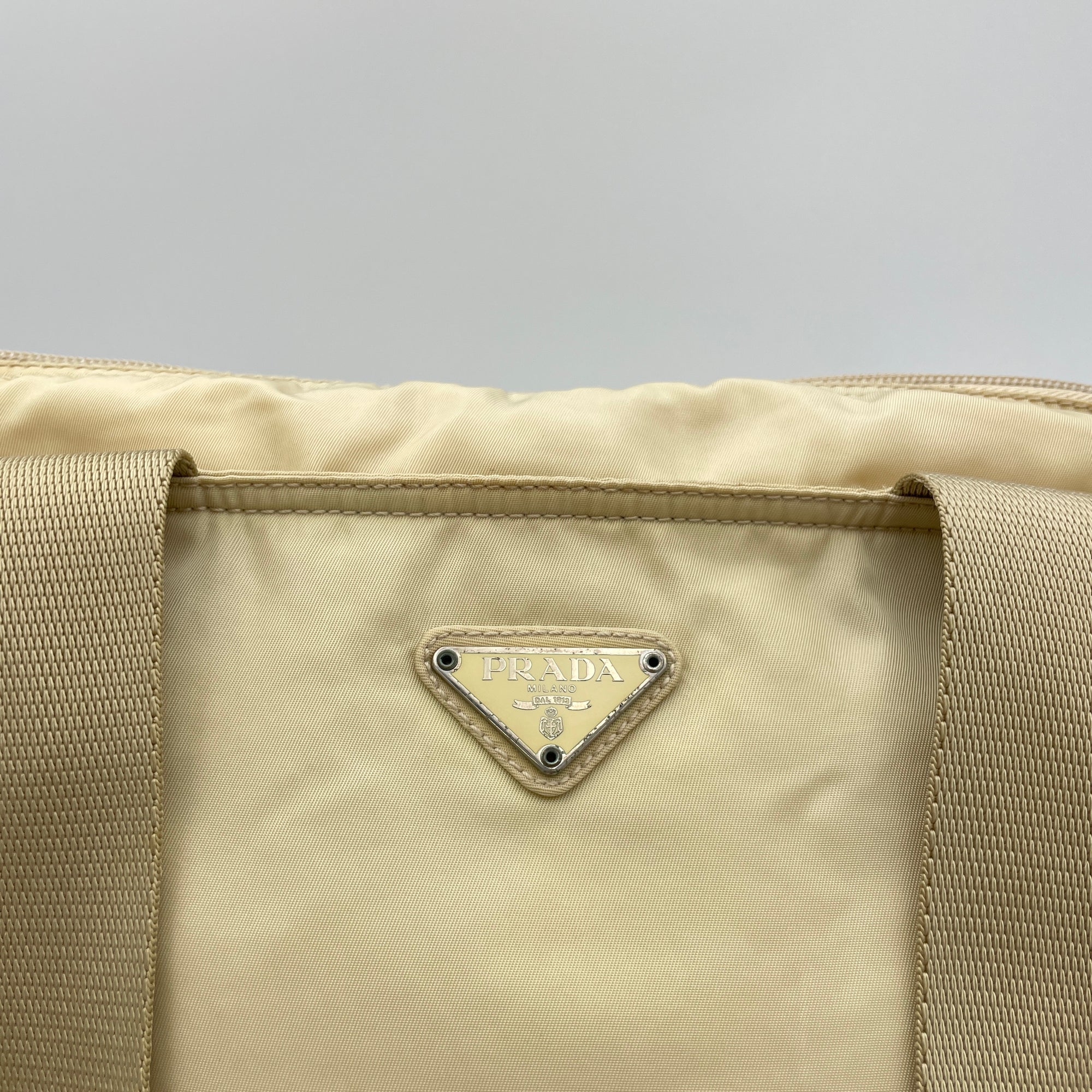 Logo Beige Shoulder Bag in Nylon, Silver hardware