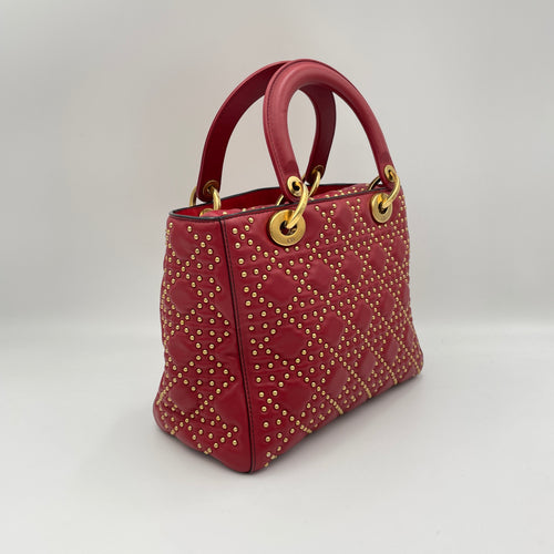 Lady Dior Medium Red Top Handle Bag in Lambskin, Gold hardware