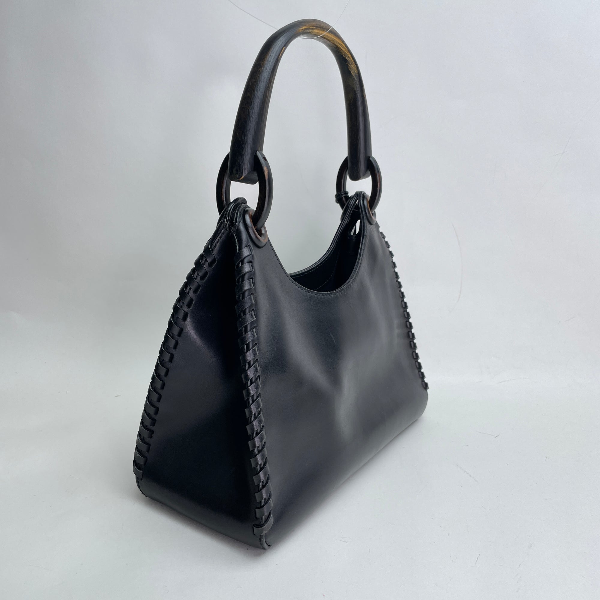 Whipstitch Wooden Handle Hobo Black Shoulder Bag in Calfskin, Lacquered Metal hardware