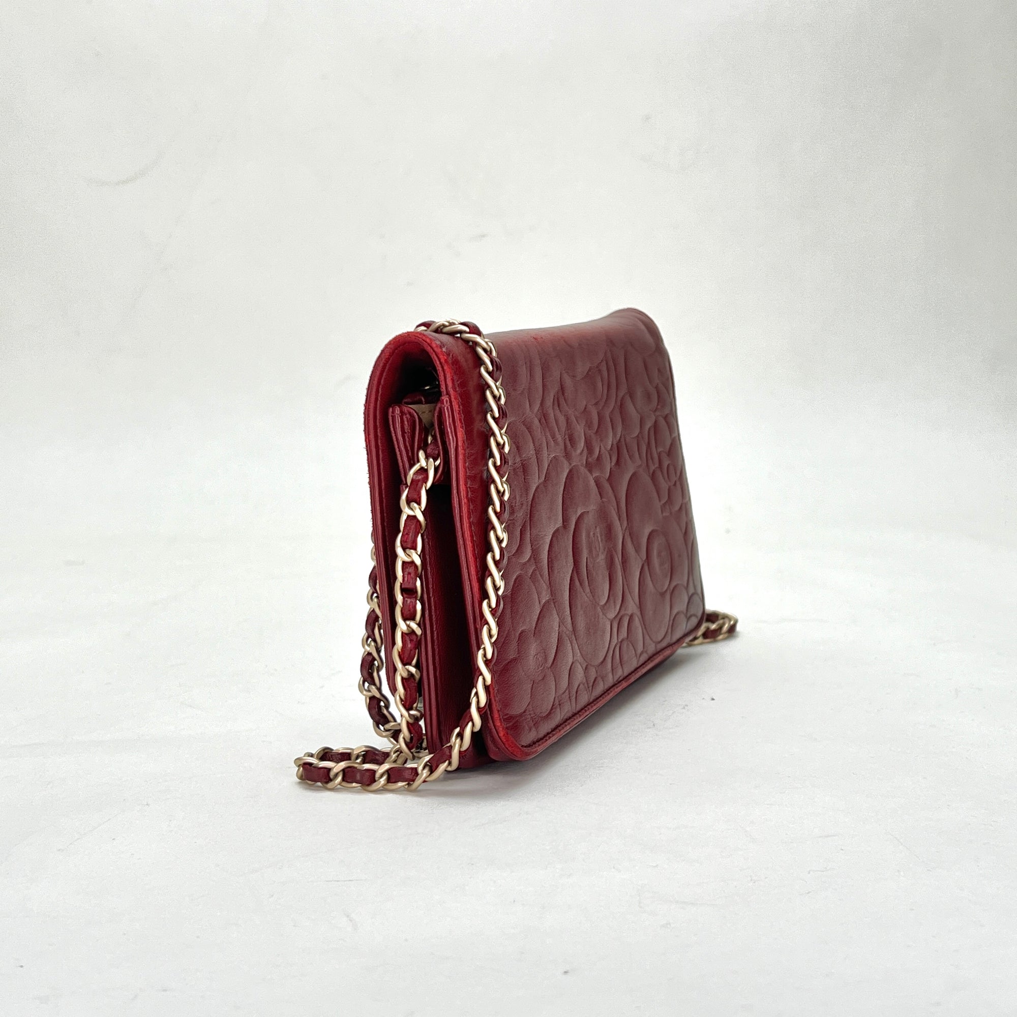 Camellia Red Wallet on Chain in Lambskin, Gold hardware