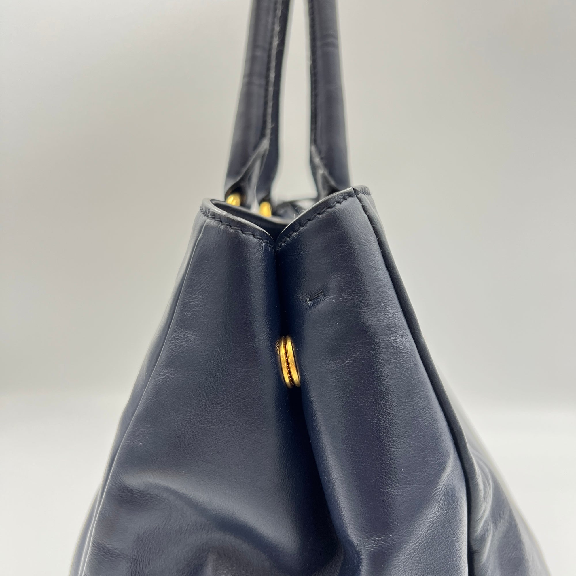 Vitello Shine Navy Top Handle Bag in Calfskin, Gold hardware