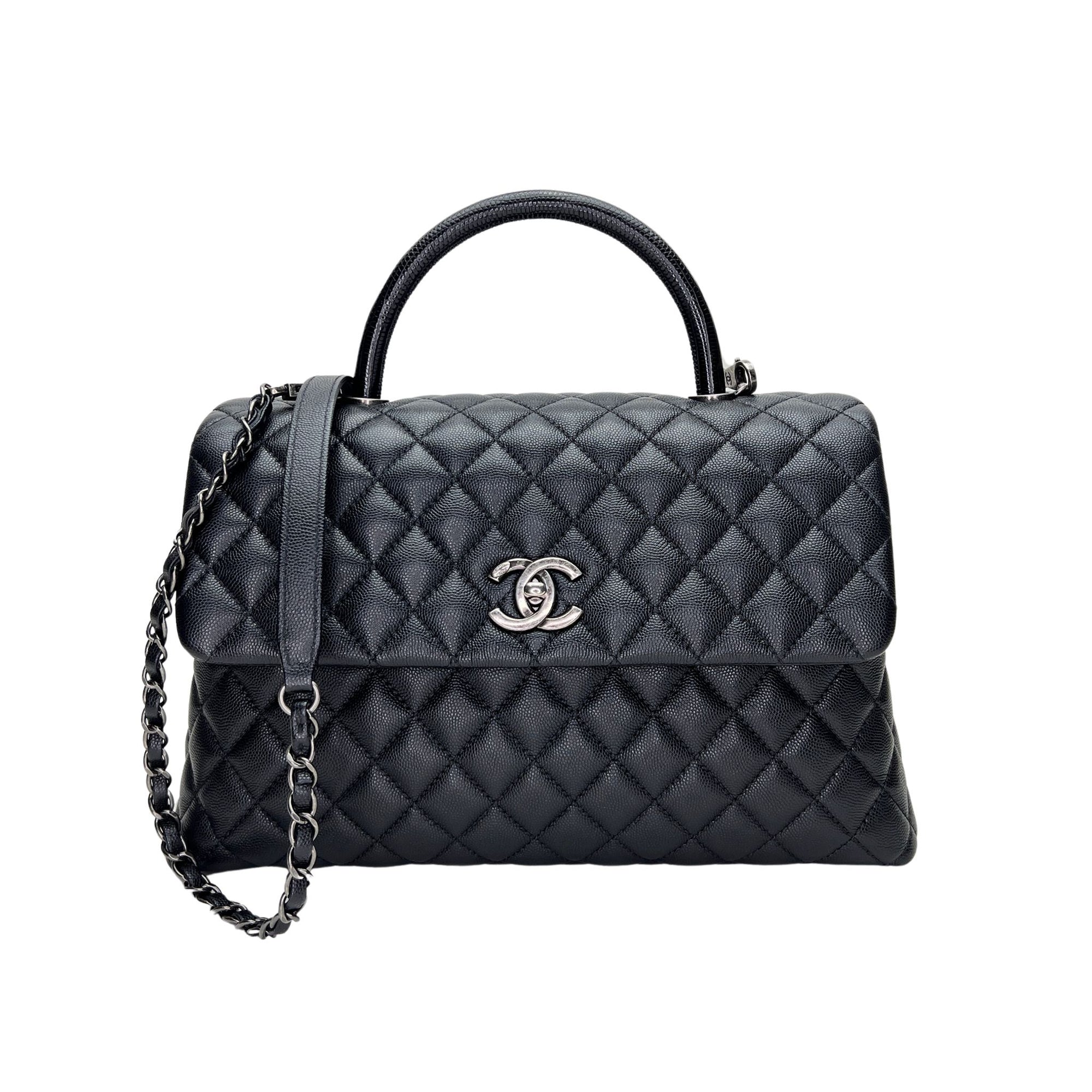 Coco Medium Black Top Handle Bag in Caviar Leather, Ruthenium hardware