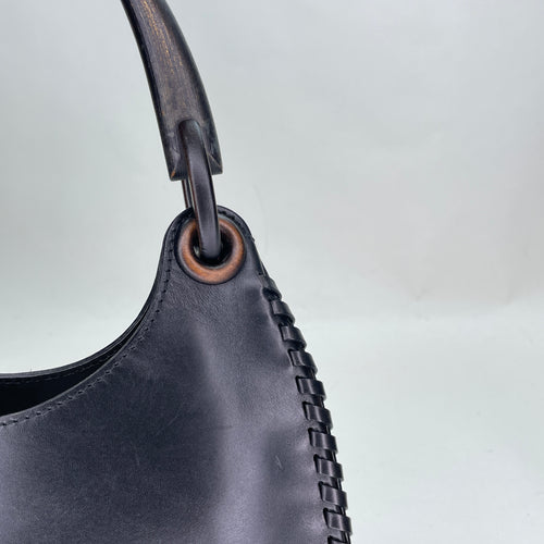 Whipstitch Wooden Handle Hobo Black Shoulder Bag in Calfskin, Lacquered Metal hardware