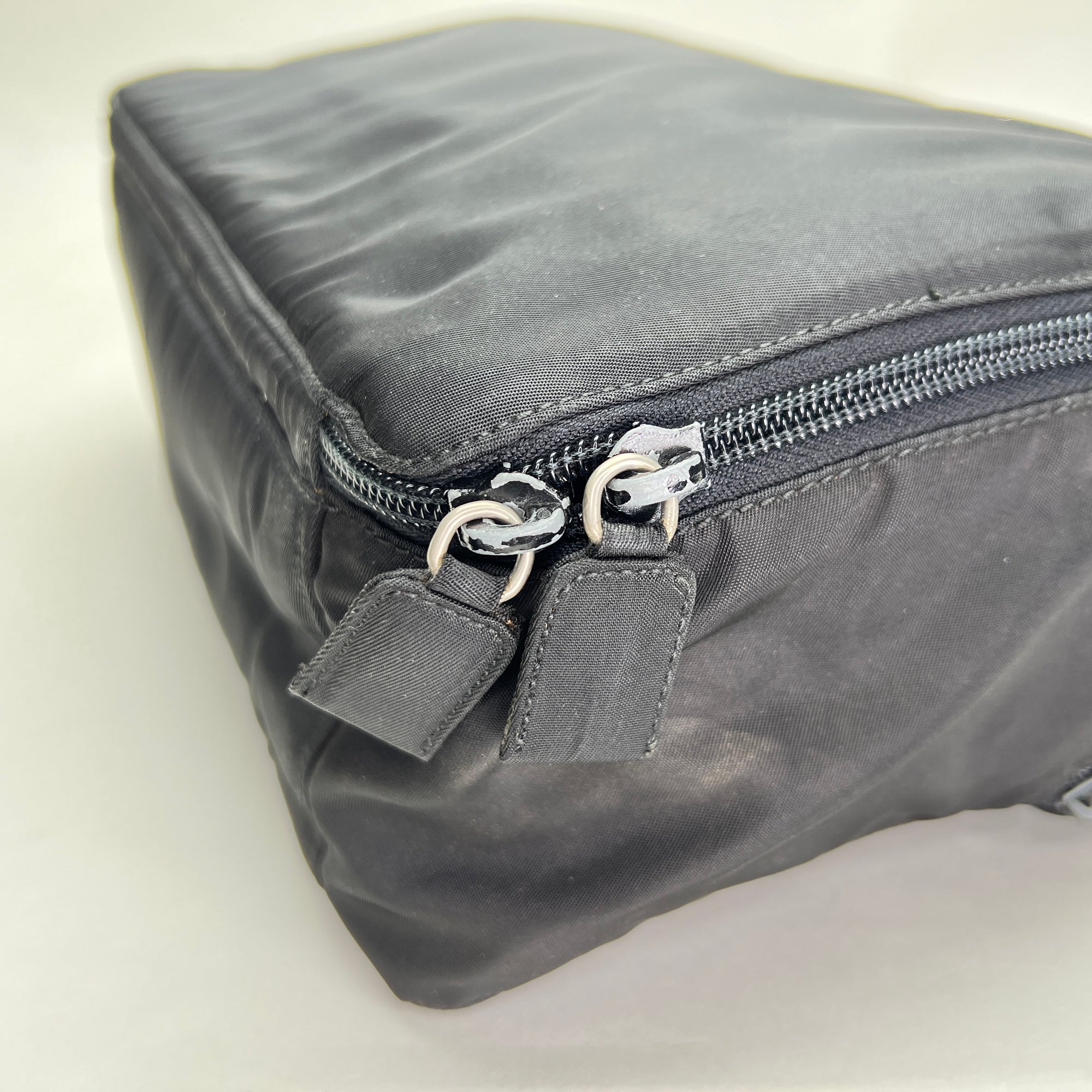 Travel Cosmetic Black Top Handle Bag in Nylon, Silver hardware