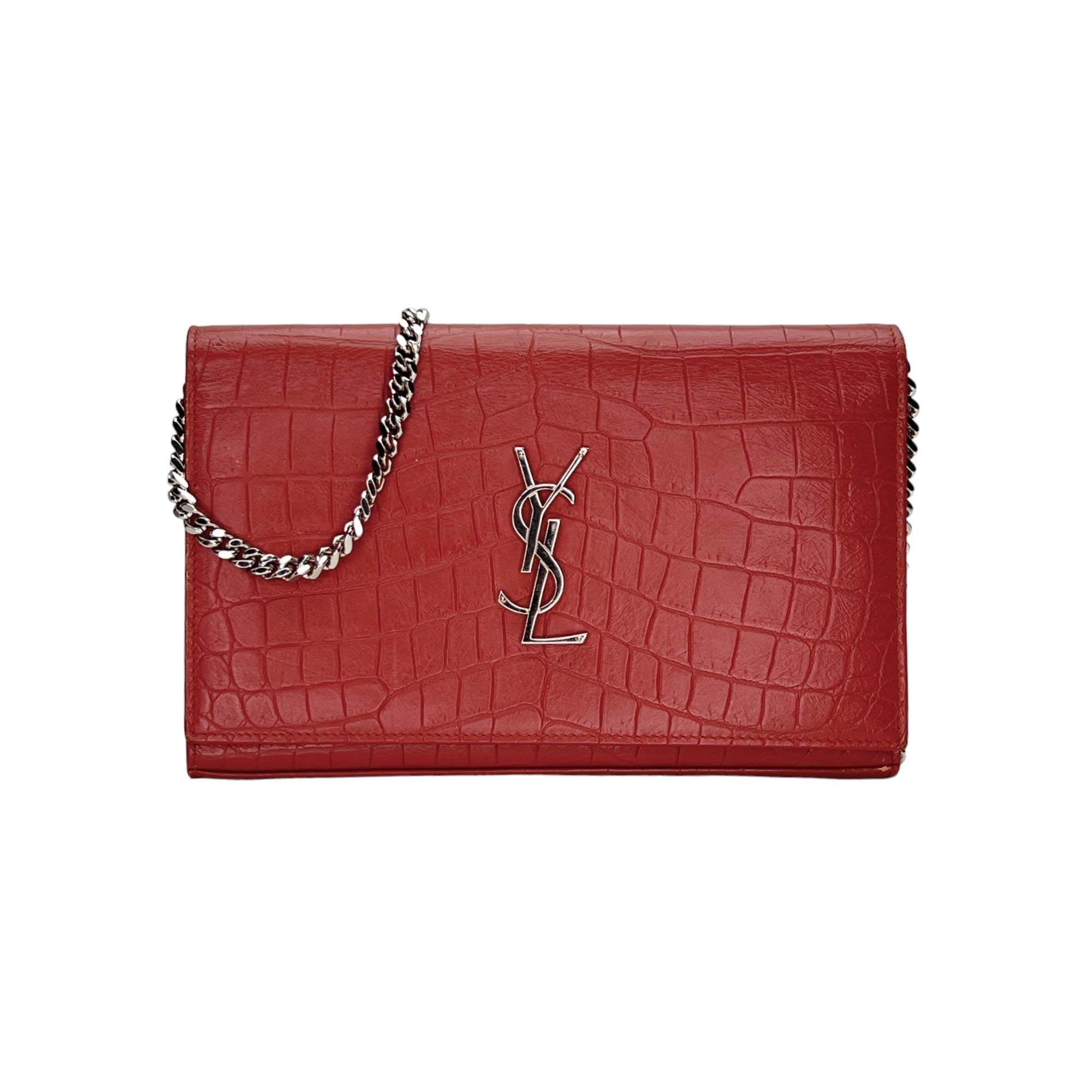 Kate Pink Wallet on Chain in Crocodile Embossed Calfskin, Gold hardware