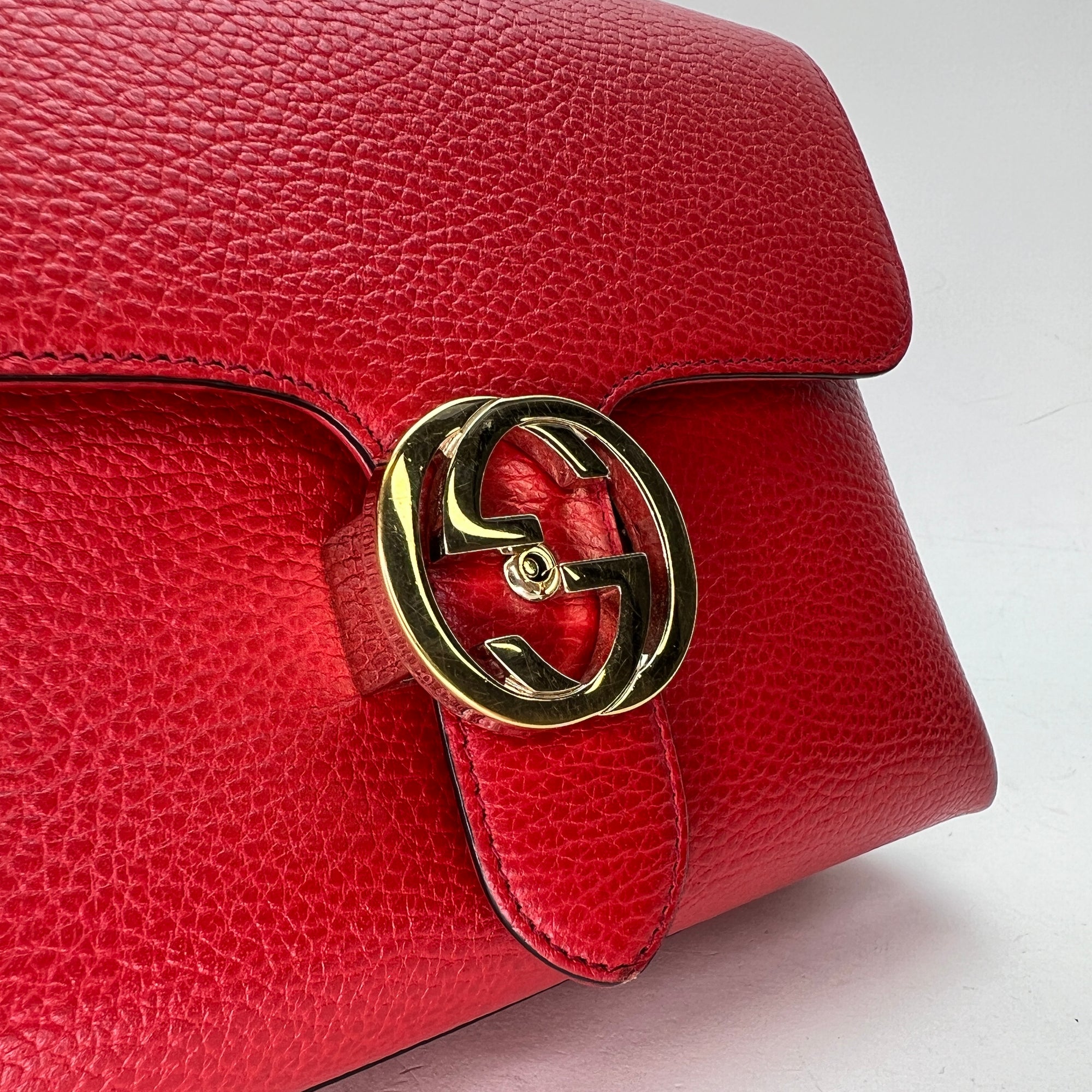 Dollar Interlocking G Red Top Handle Bag in Calfskin, Gold hardware