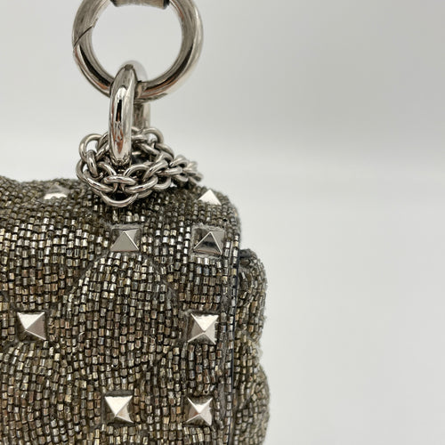 Rockstud Spike Micro Silver Crossbody Bag in Beaded Canvas, Silver hardware