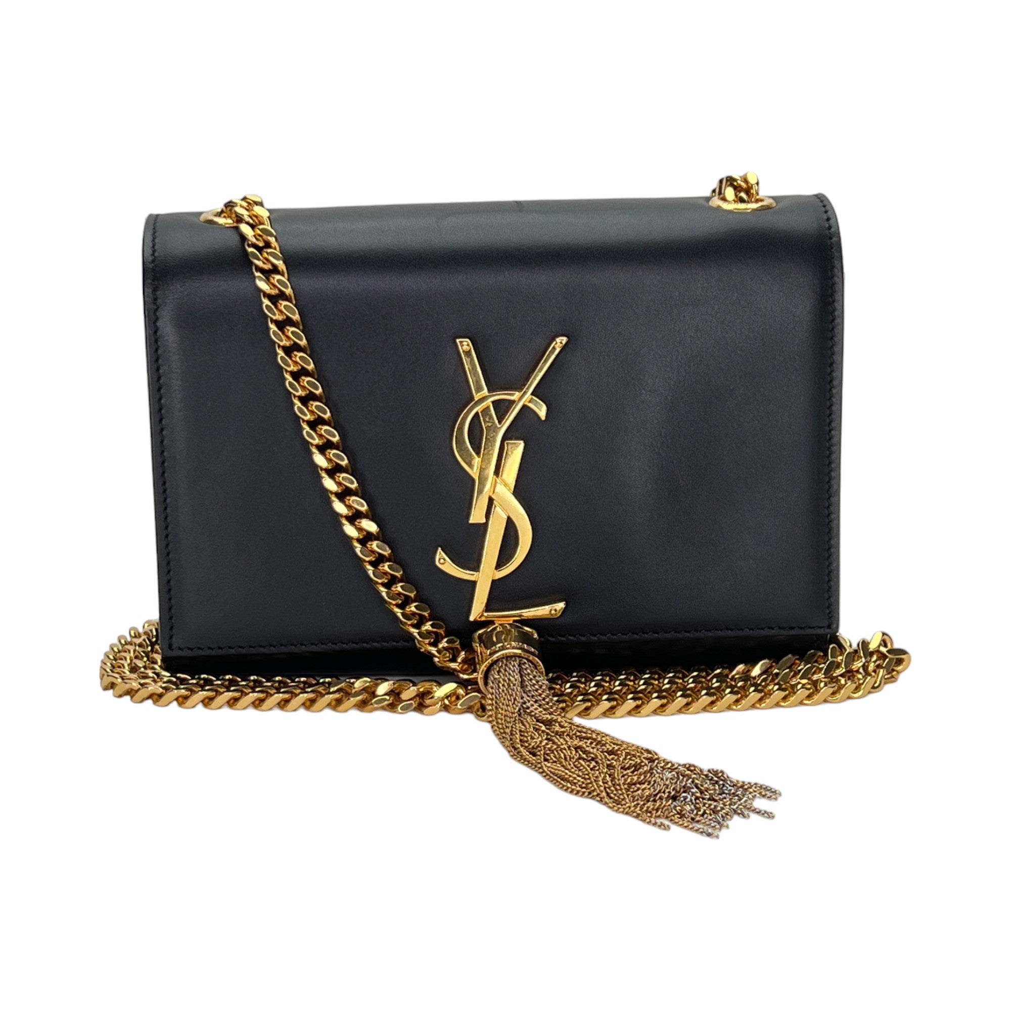 KATE TASSEL Mini Black Wallet on Chain in Calfskin, Gold hardware