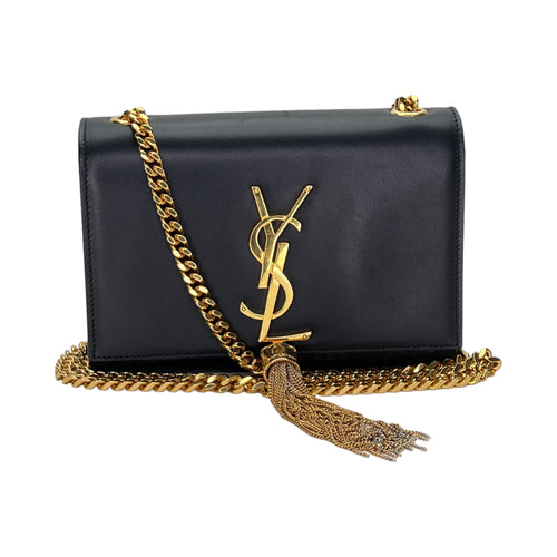 KATE TASSEL Mini Black Wallet on Chain in Calfskin, Gold hardware