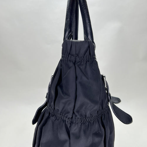 Gaufre Black Top Handle Bag in Nylon, Silver hardware