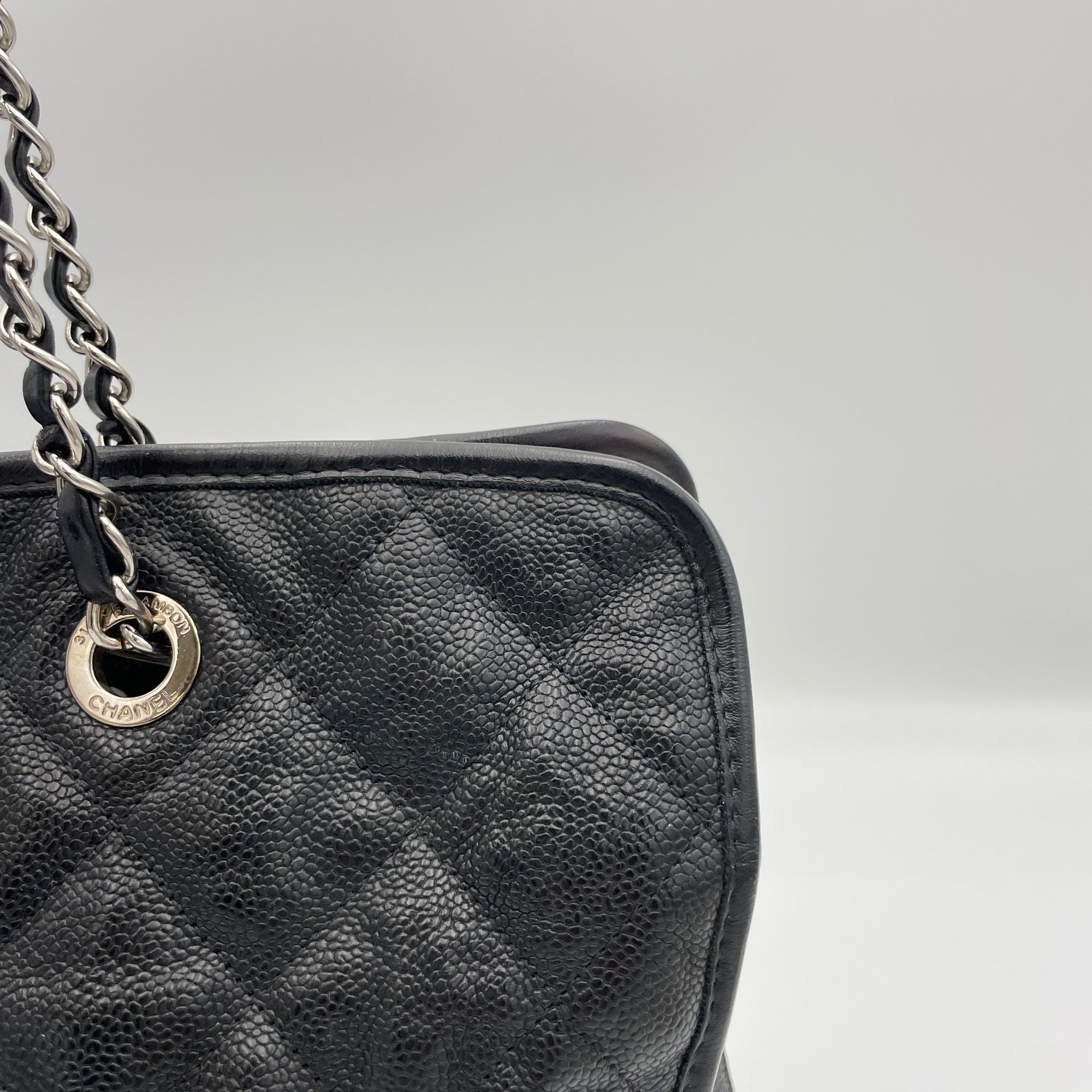 Quilted Riviera Black Tote Bag in Caviar Leather, Silver hardware