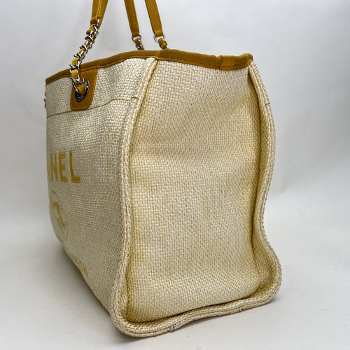 Deauville Small Yellow Tote Bag in Raffia, Silver hardware