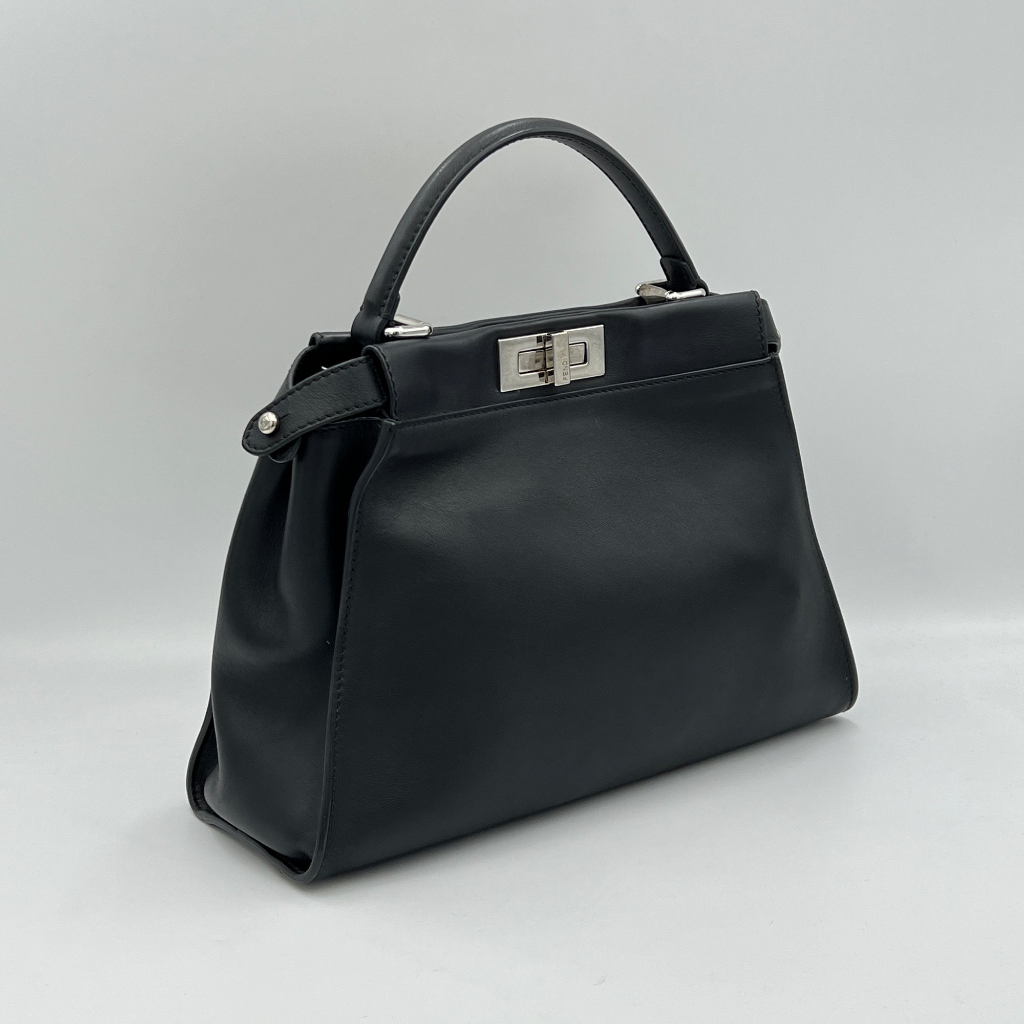 Peekaboo Medium Black Top Handle Bag in Calfskin, Silver hardware