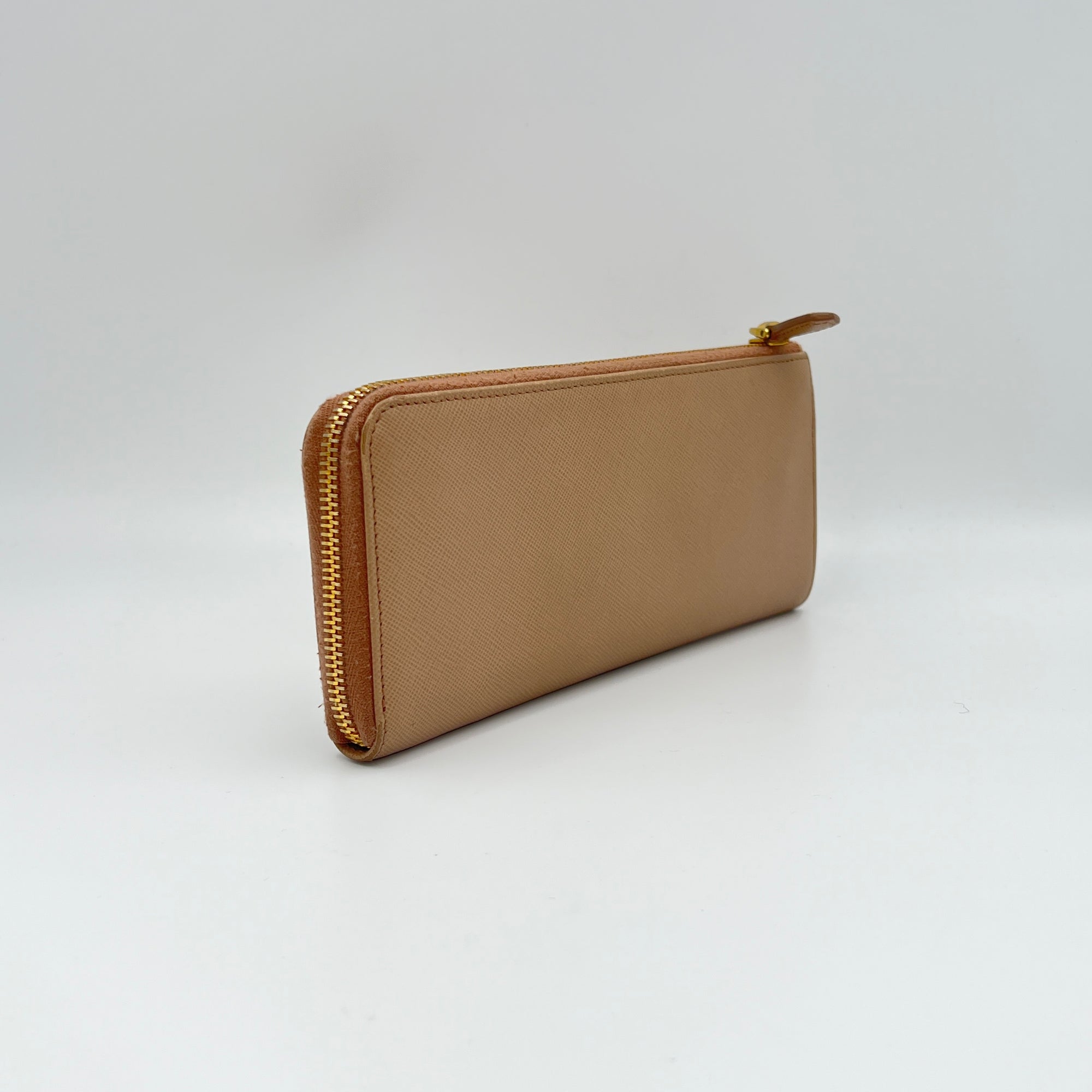 Logo Long Beige Wallet in Saffiano Leather, Gold hardware