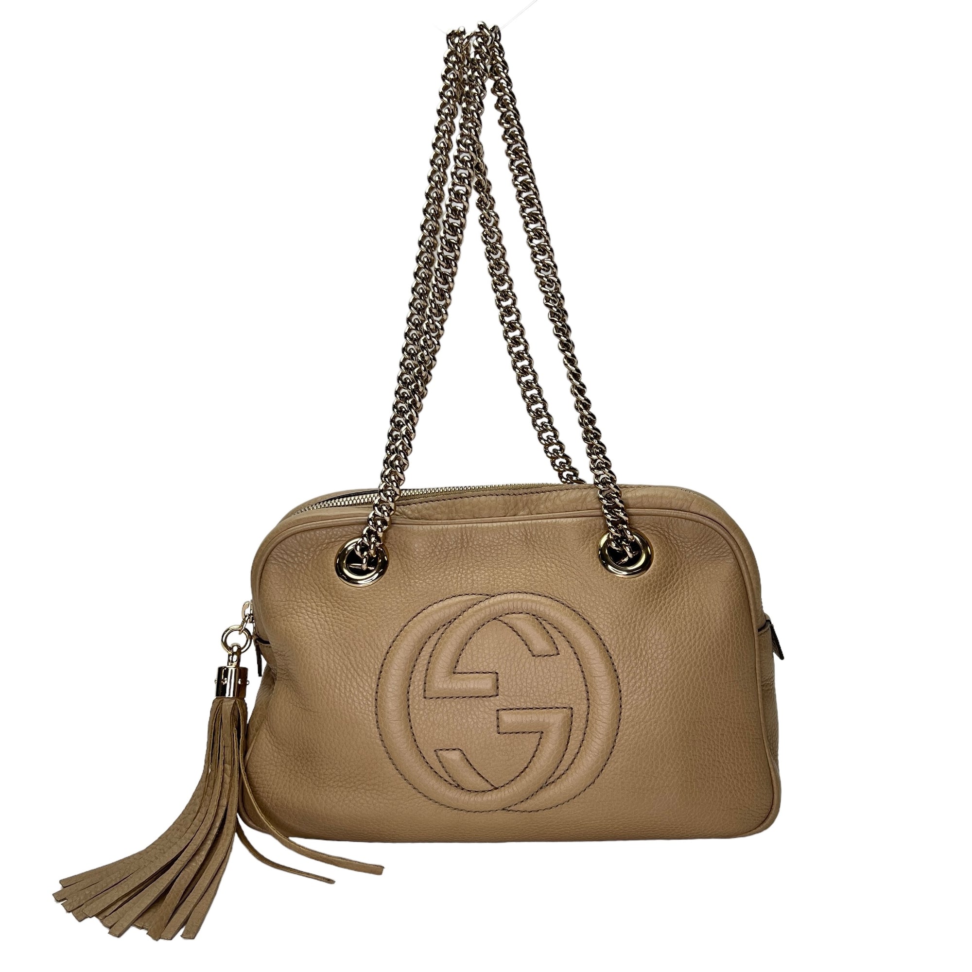 Soho Chain Beige Shoulder Bag in Calfskin, Light Gold hardware