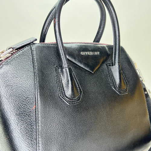 Antigona Small Black Top Handle Bag in Calfskin, Silver hardware