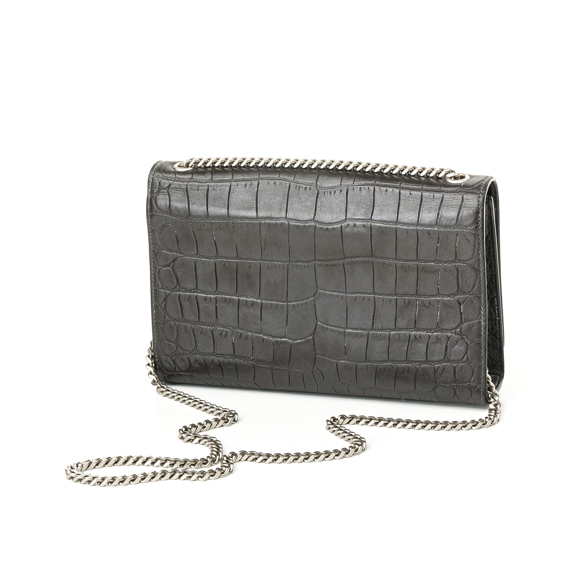 Kate Medium Black Shoulder Bag in Crocodile Embossed Calfskin, Silver hardware