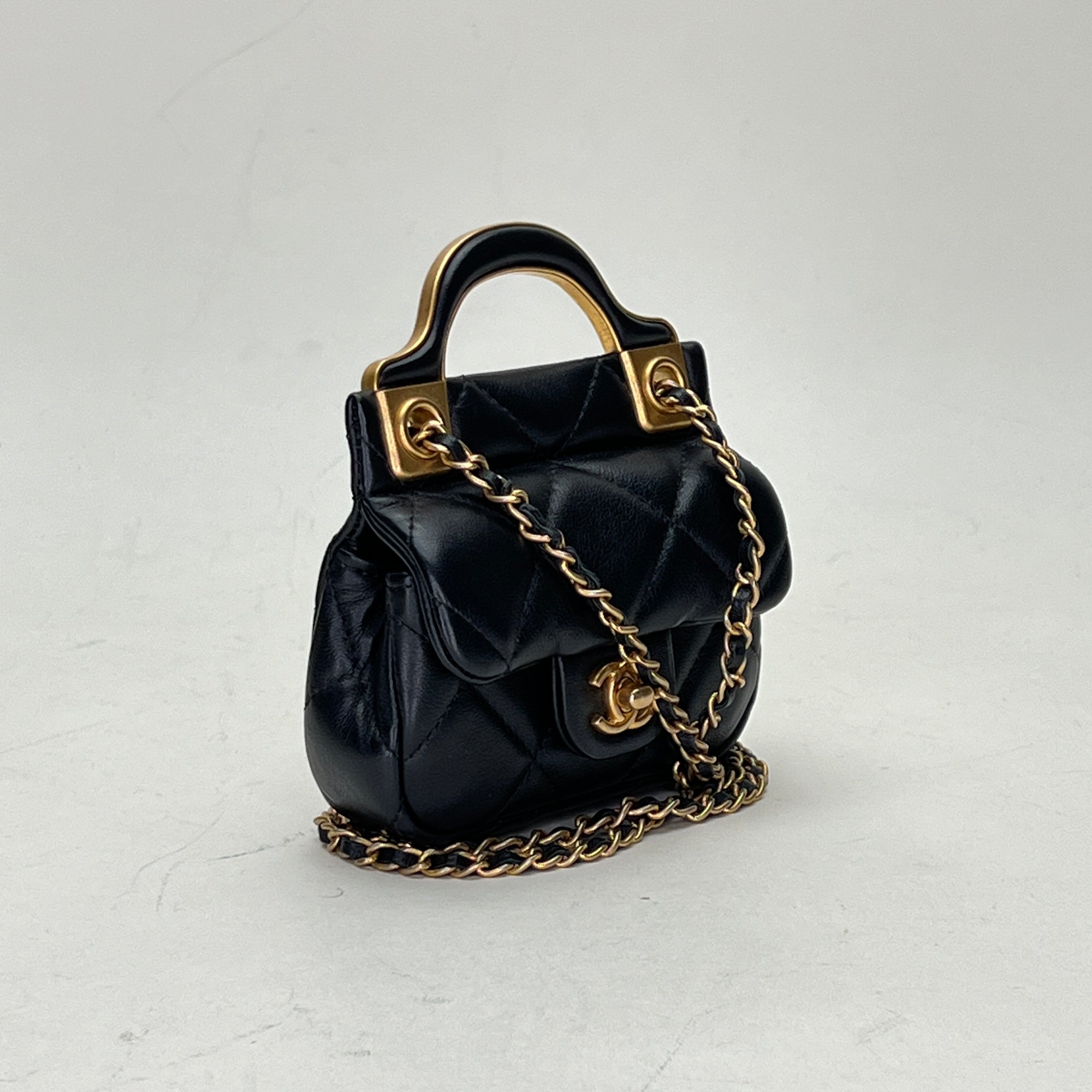 Lady Handle Flap Micro Black Shoulder Bag in Lambskin, Gold hardware