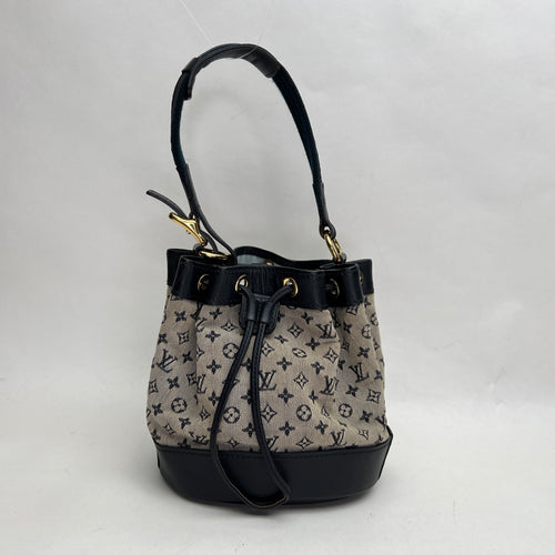 Lin Noelie Monogram Mini Navy Bucket Bag in Canvas, Gold hardware