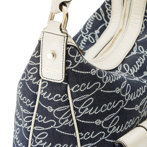 Calligraphy Navy Shoulder Bag in Denim, Light Gold hardware