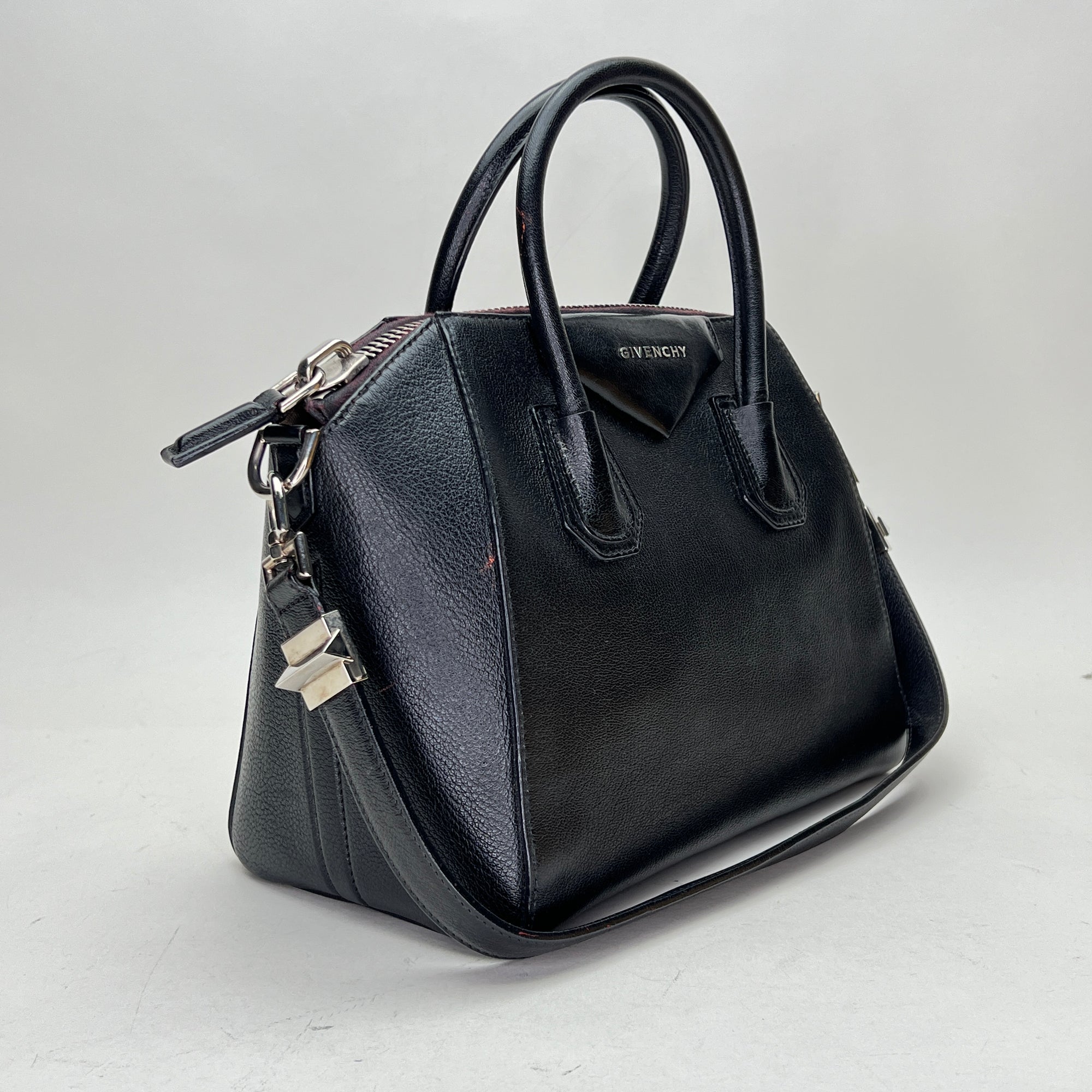 Antigona Small Black Top Handle Bag in Calfskin, Silver hardware