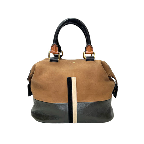 Racer Stripe Boston Brown Top Handle Bag in Calfskin, Gold hardware