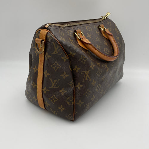 Speedy 30 Brown Top Handle Bag in Coated Canvas, Gold hardware