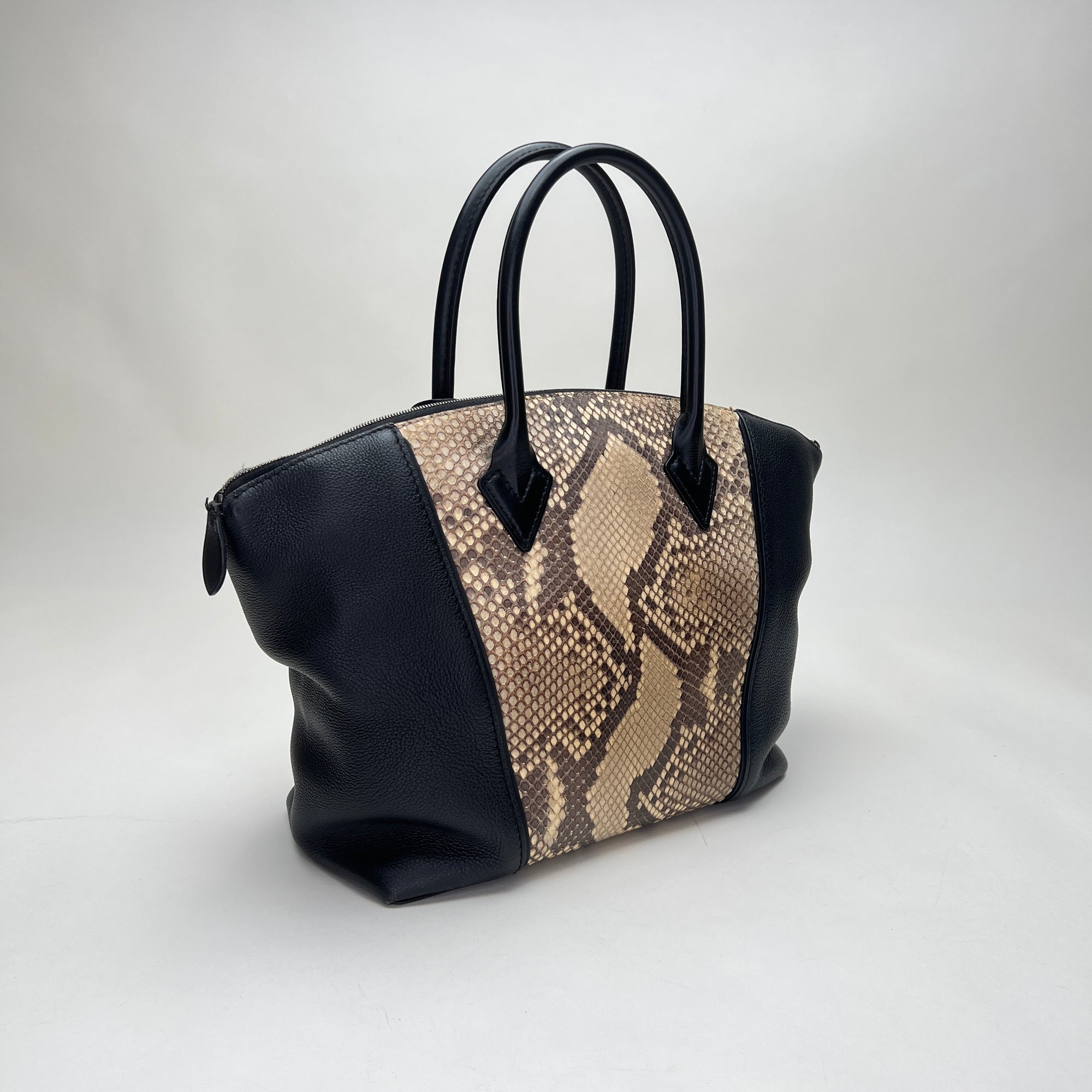 LockIt PM Black Top Handle Bag in Python Leather, Silver hardware