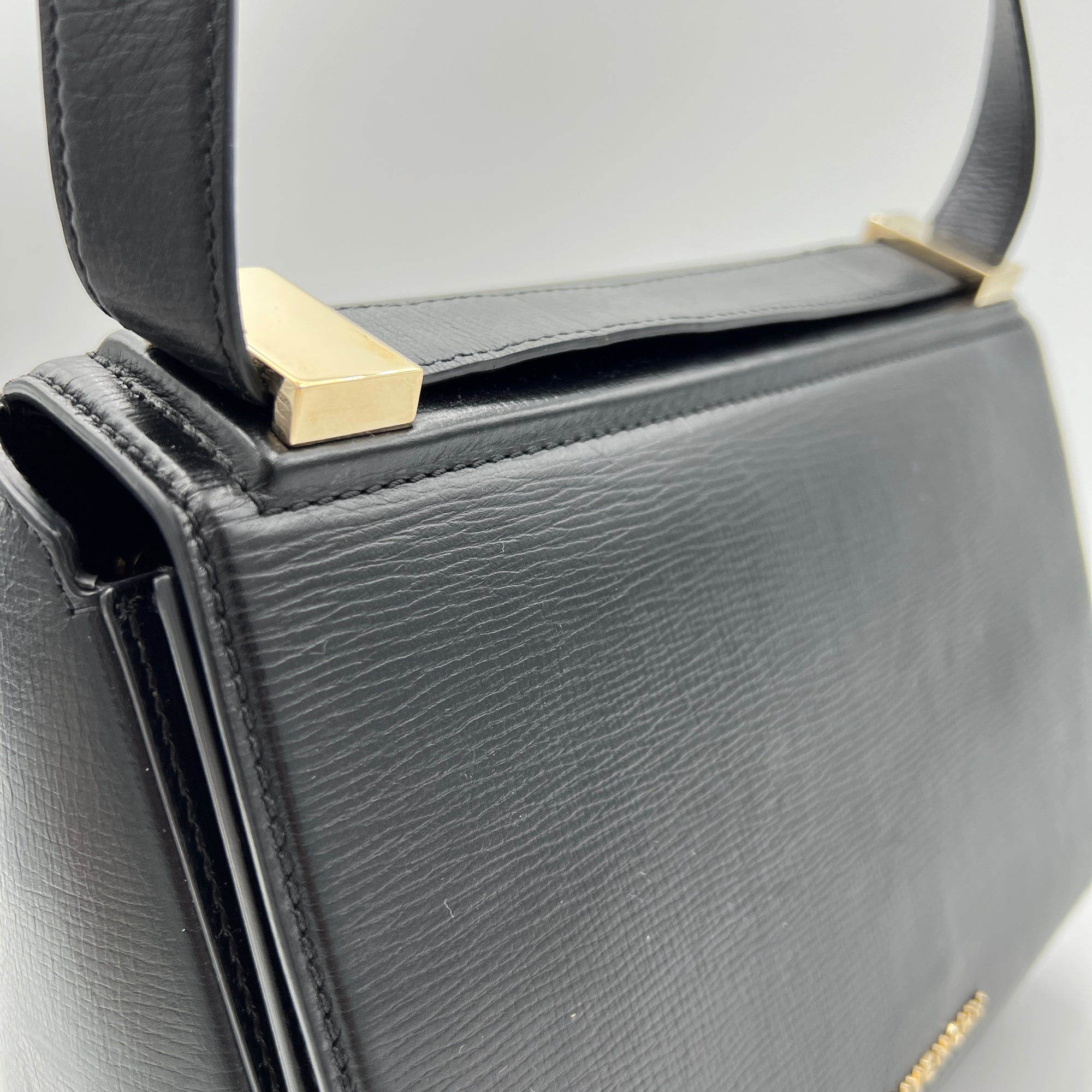 Pandora Medium Black Top Handle Bag in Calfskin, Light Gold hardware