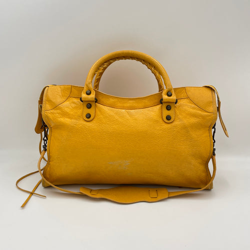 City Yellow Top Handle Bag in Distressed Leather, Antique Brass hardware