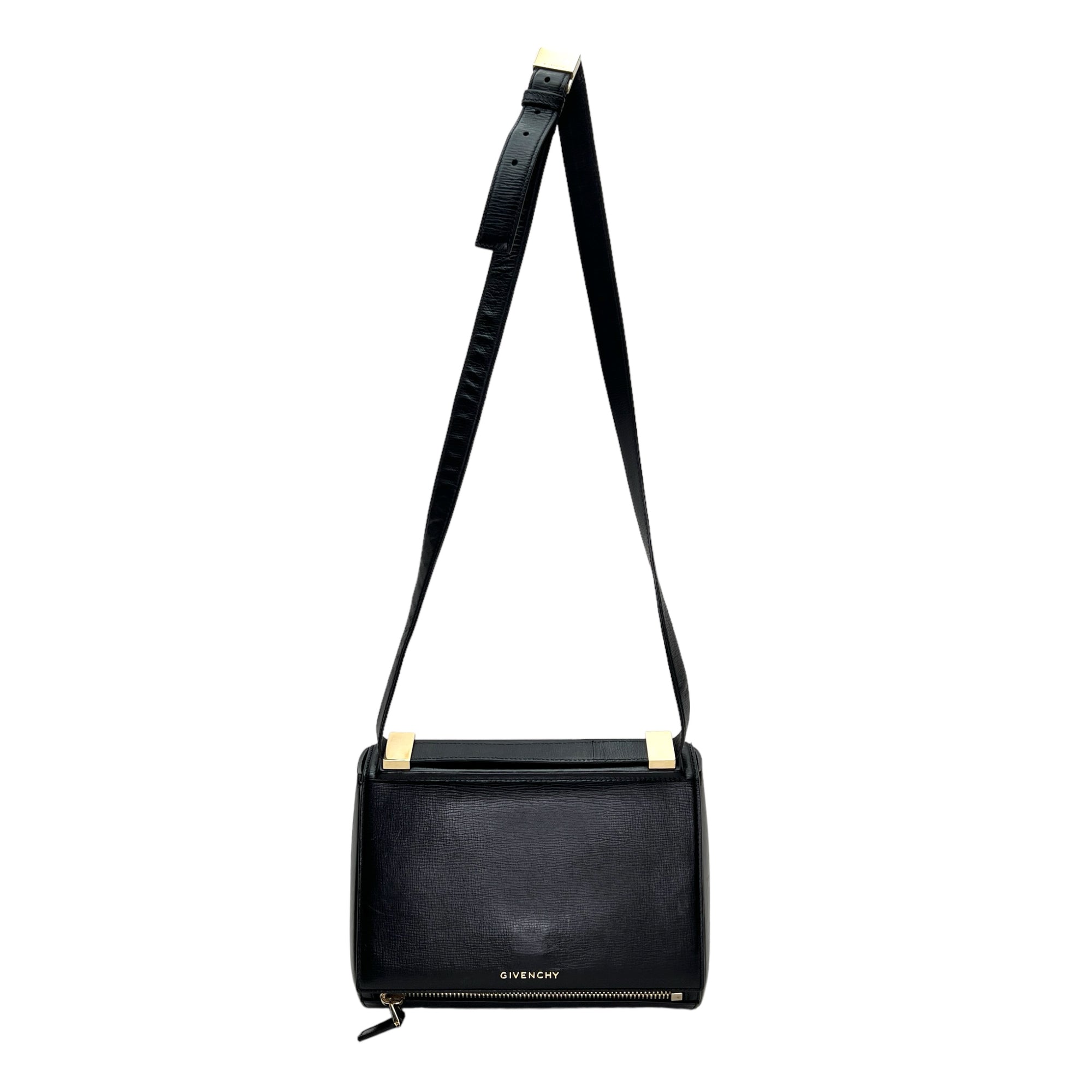 Pandora Medium Black Top Handle Bag in Calfskin, Light Gold hardware