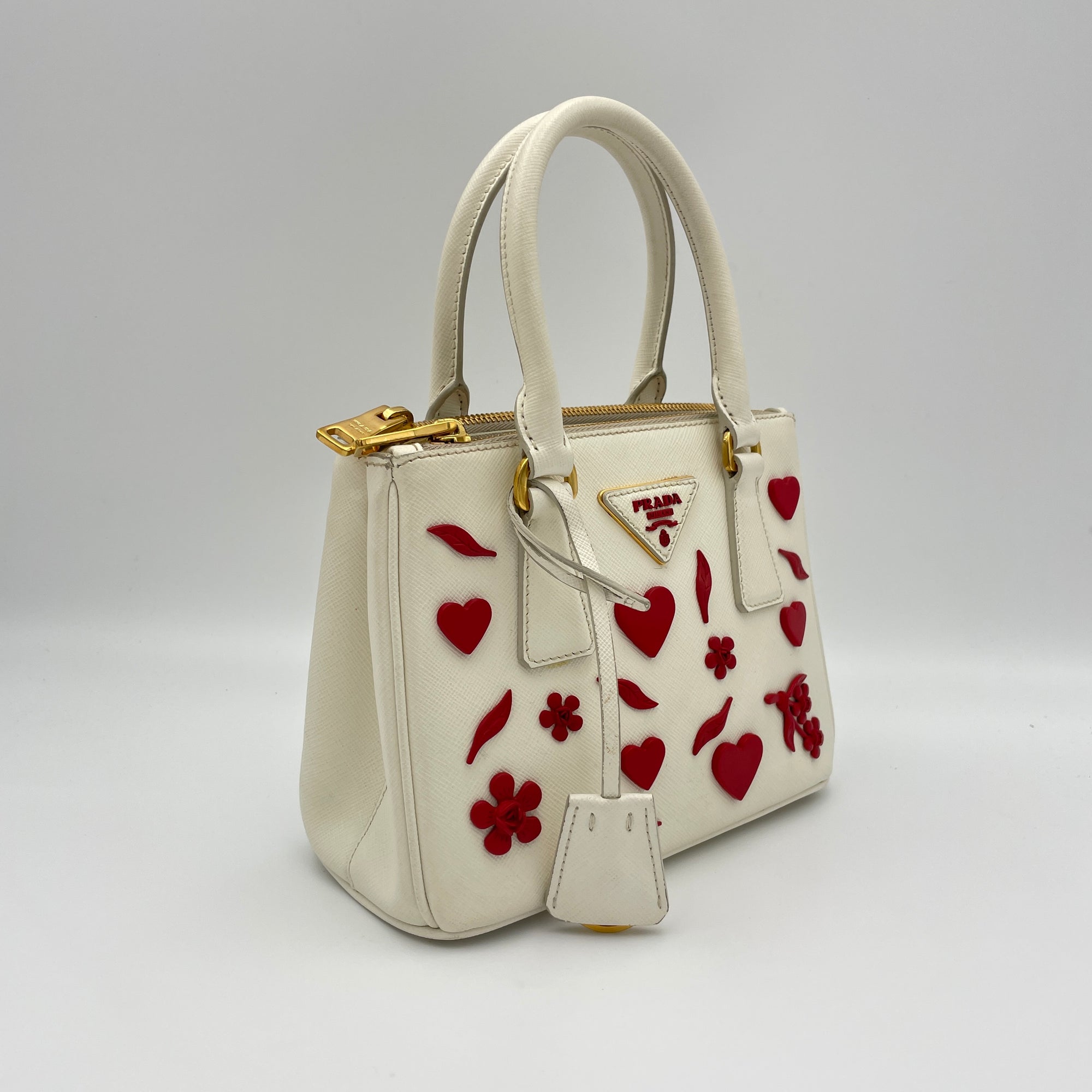 Galleria Mini White Top Handle Bag in Saffiano Leather, Gold hardware