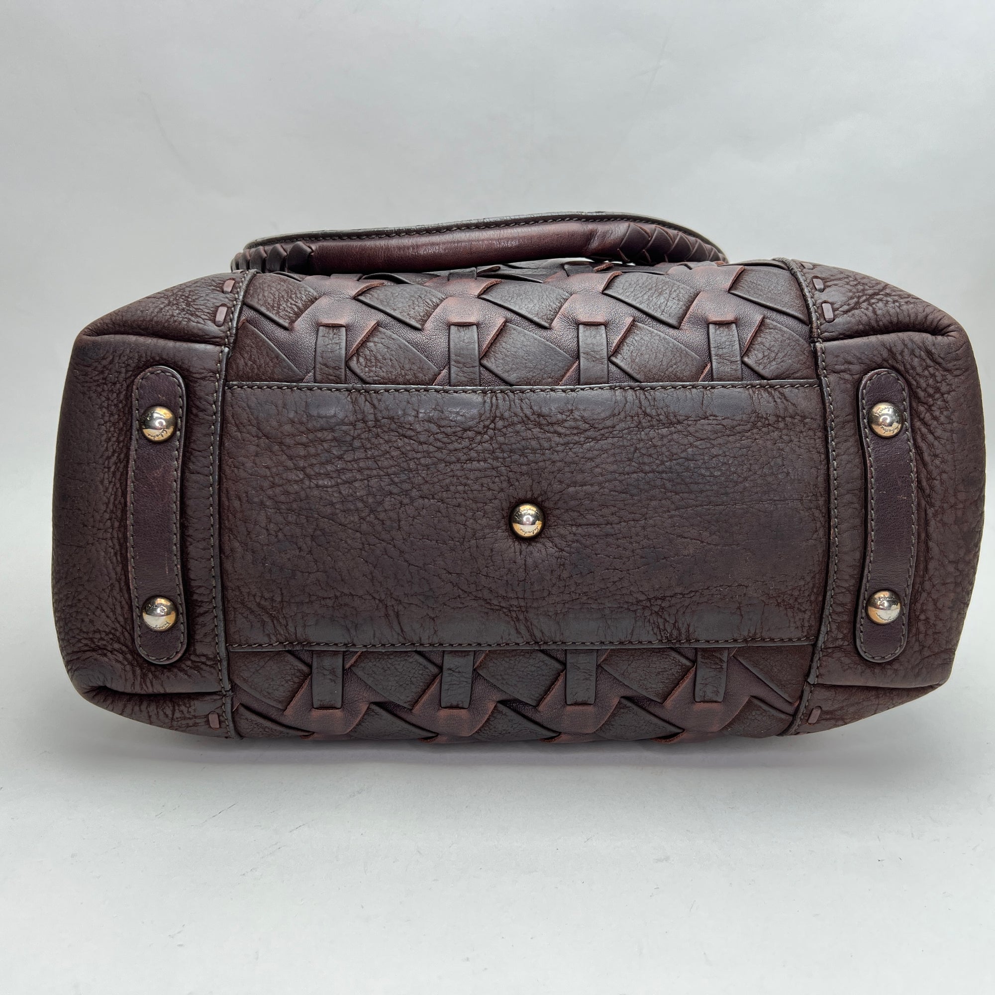 Woven Brown Top Handle Bag in Calfskin, Antique Brass hardware