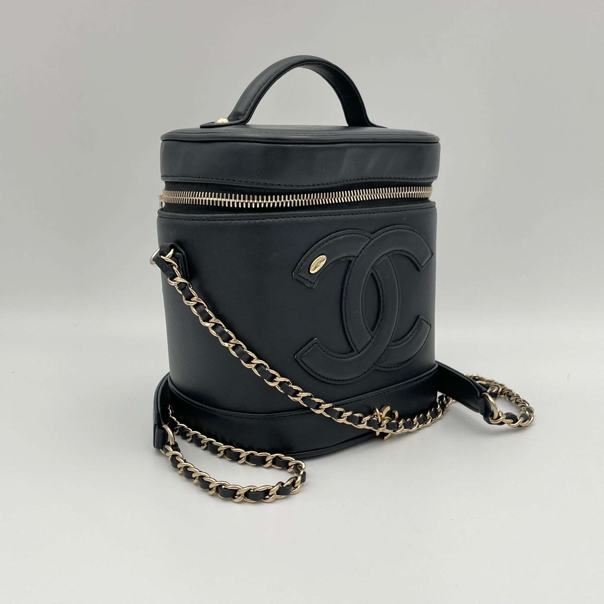 CC Vanity Black Top Handle Bag in Lambskin, Gold hardware