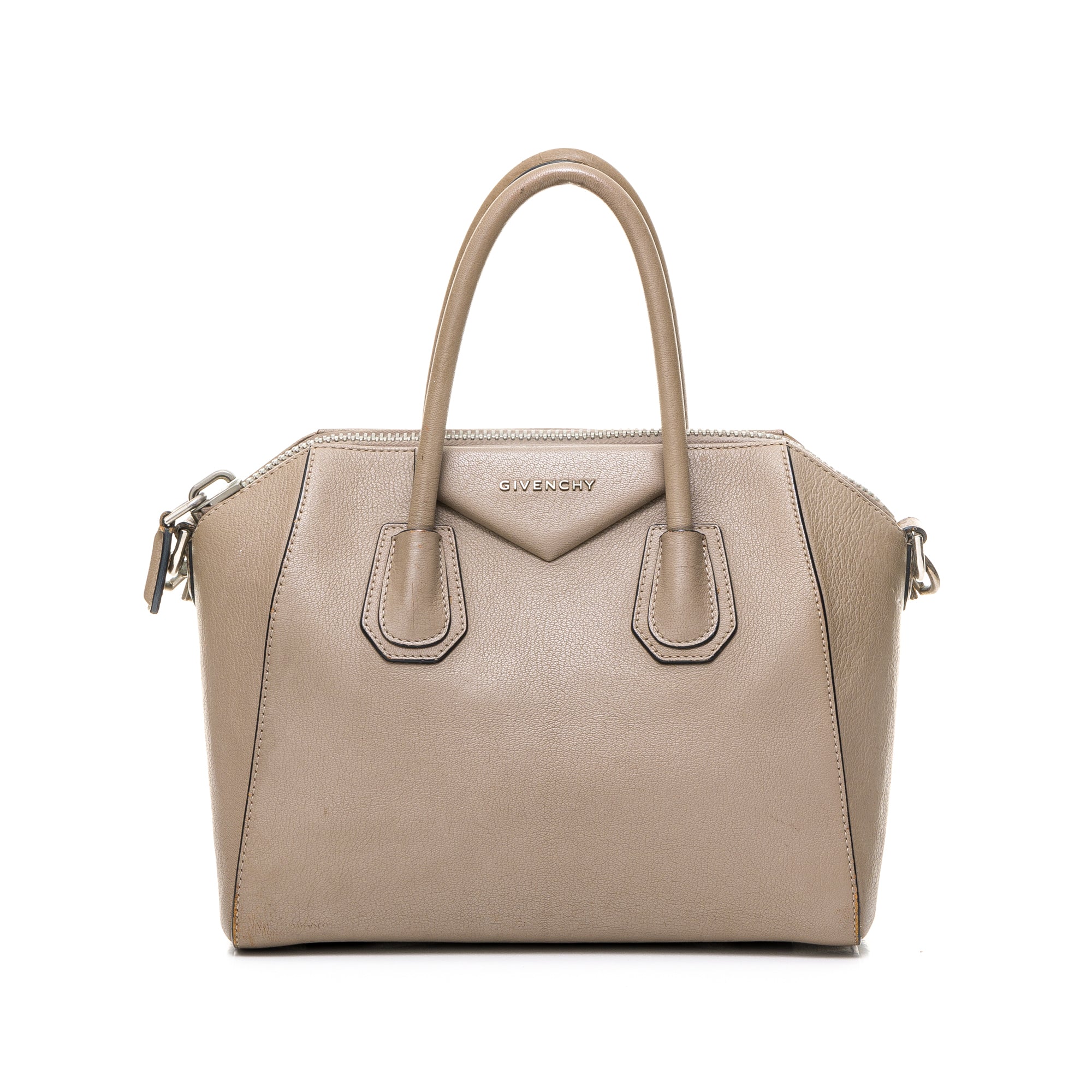 Antigona Small Brown Top Handle Bag in Goat Leather, Silver hardware